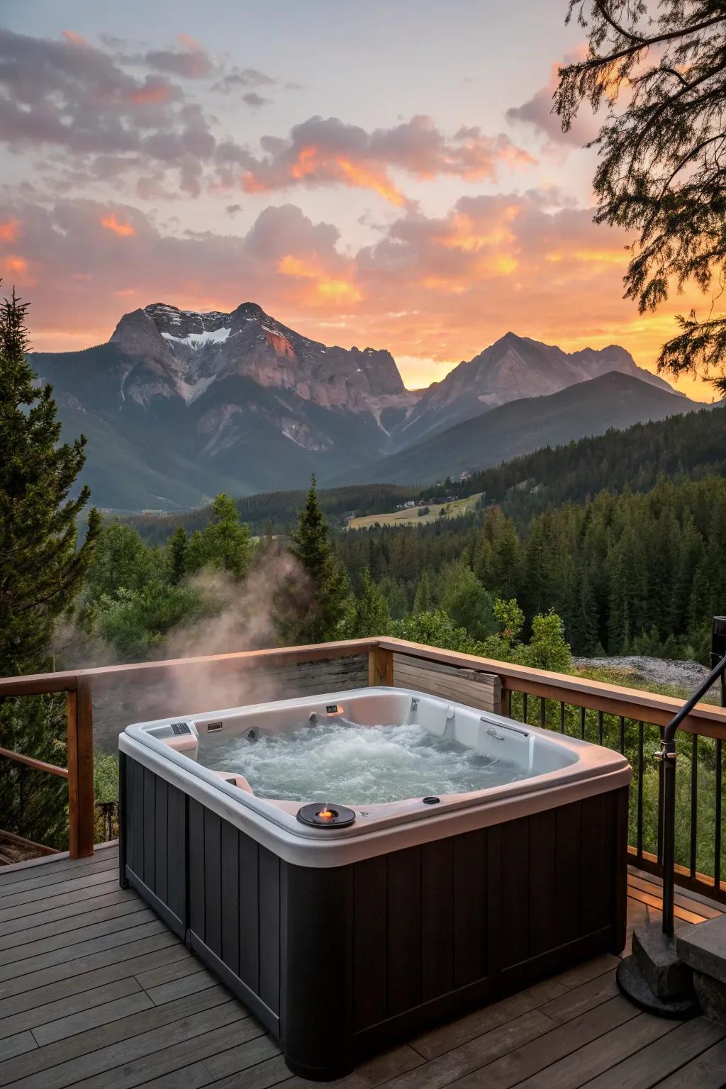 A hot tub with a scenic view of the sunset