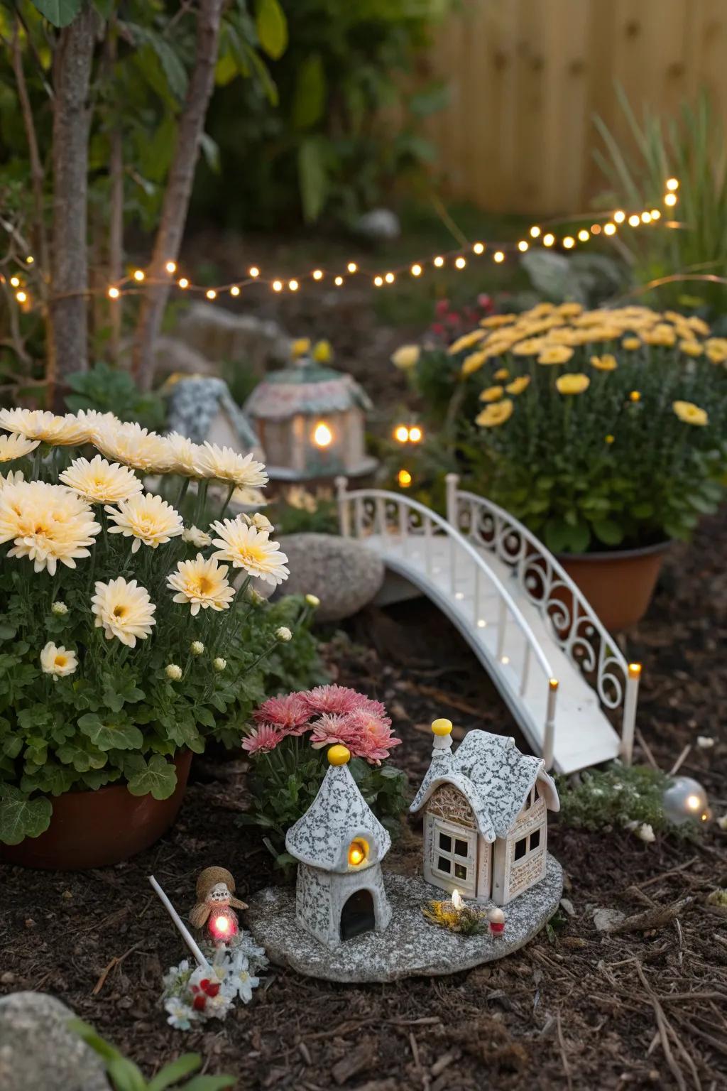 A charming fairy garden with petite chrysanthemums and magical accents.