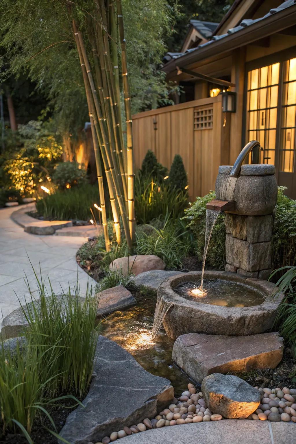 A Zen bamboo water feature adds a calming, natural touch.