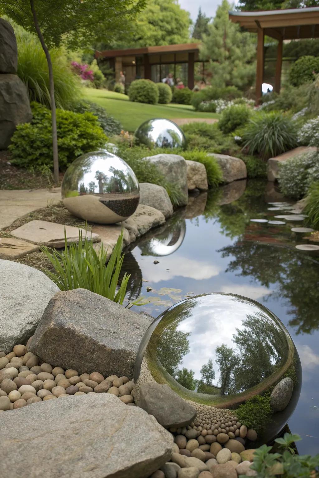 Gazing balls blending naturally with rocks and water.