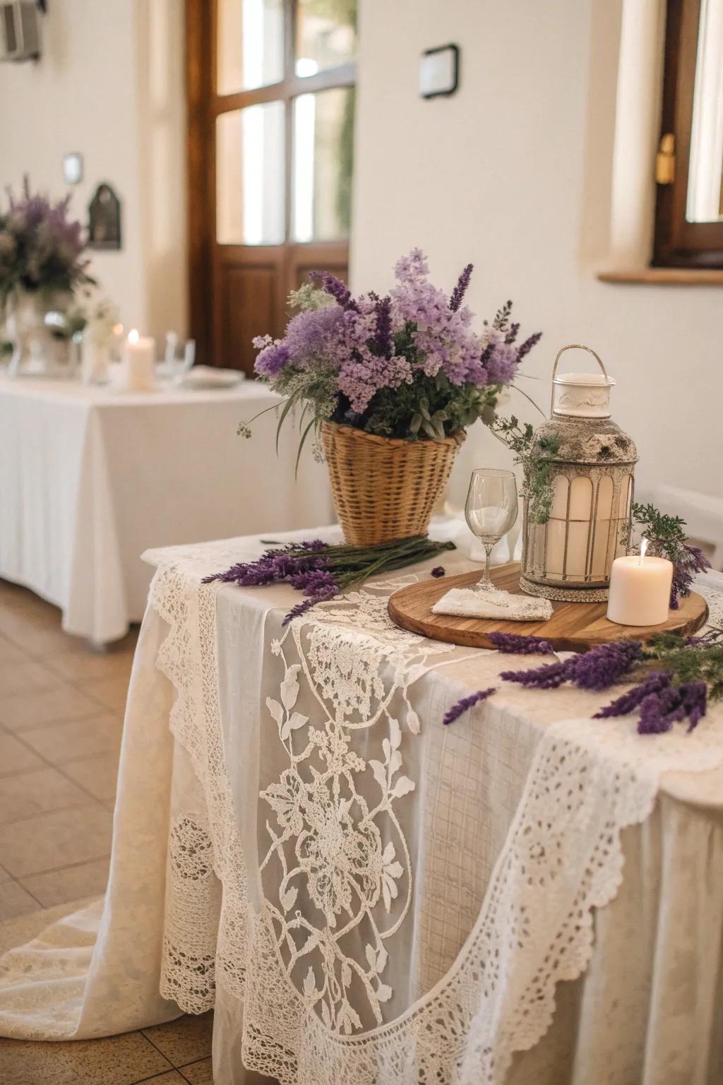 Lace and lavender combine for a romantic, vintage table setting.
