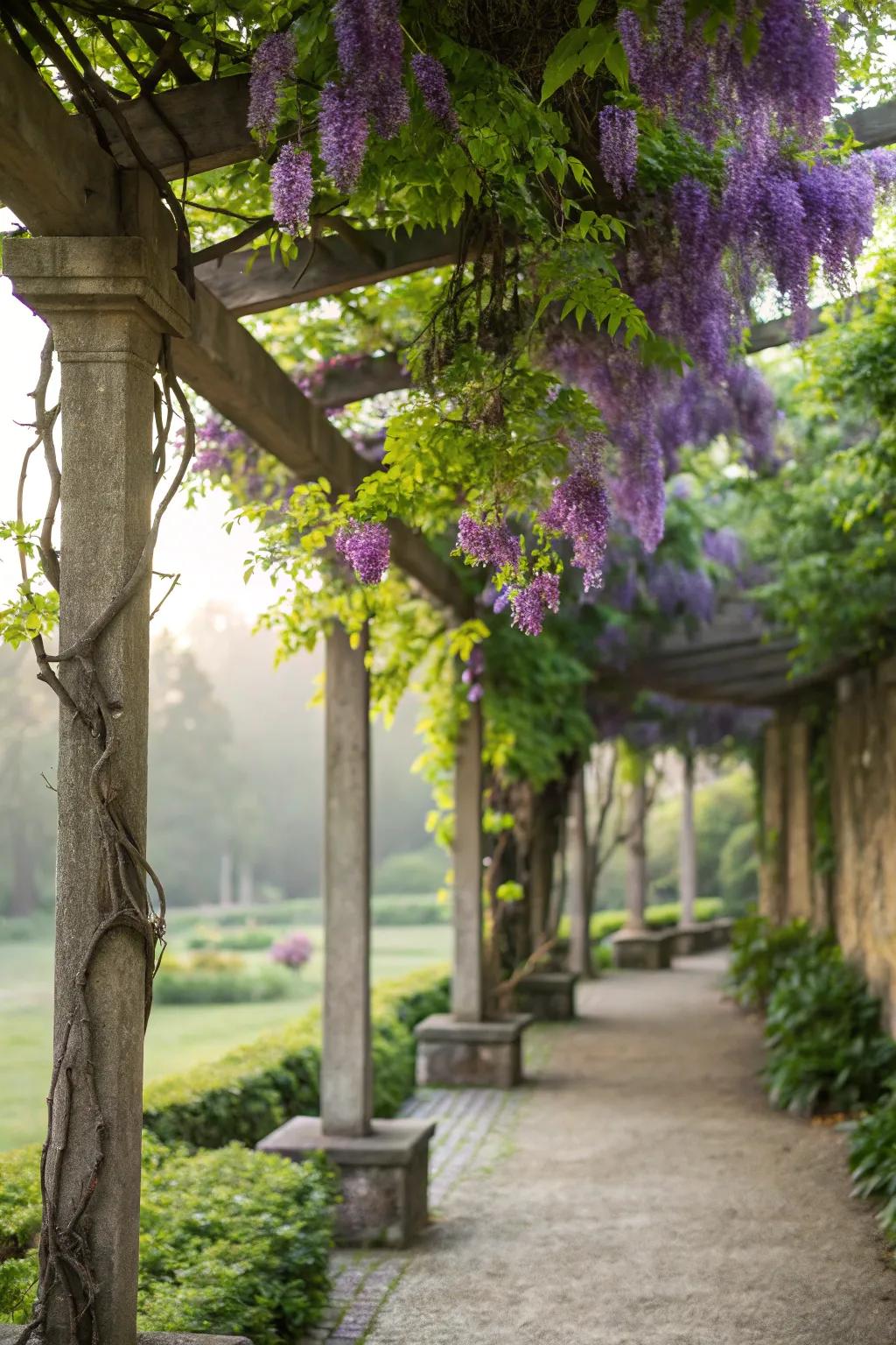 Surprise and delight with akebia covering your pergola.