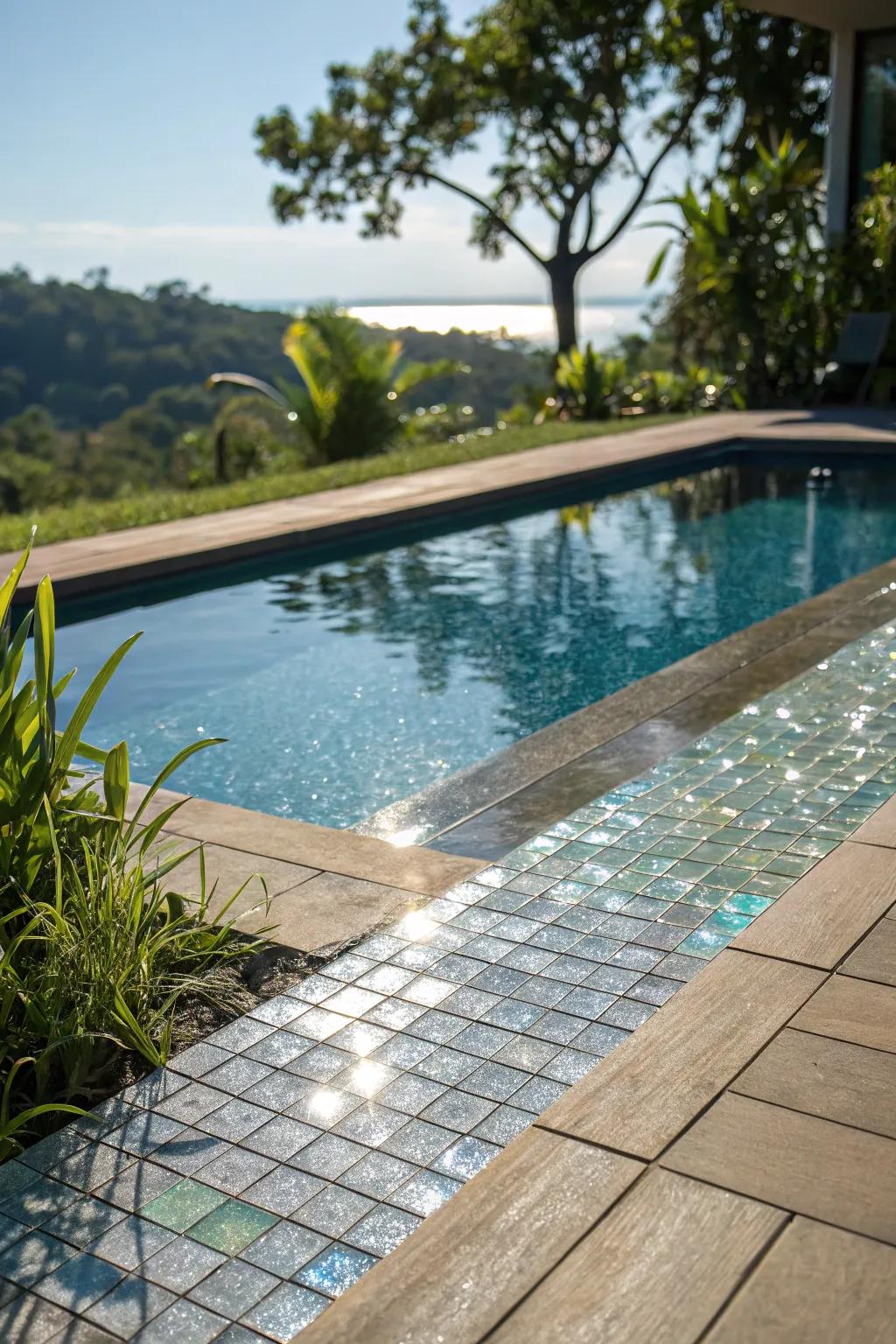 Glass tile accents add glamour and sparkle to your pool deck.