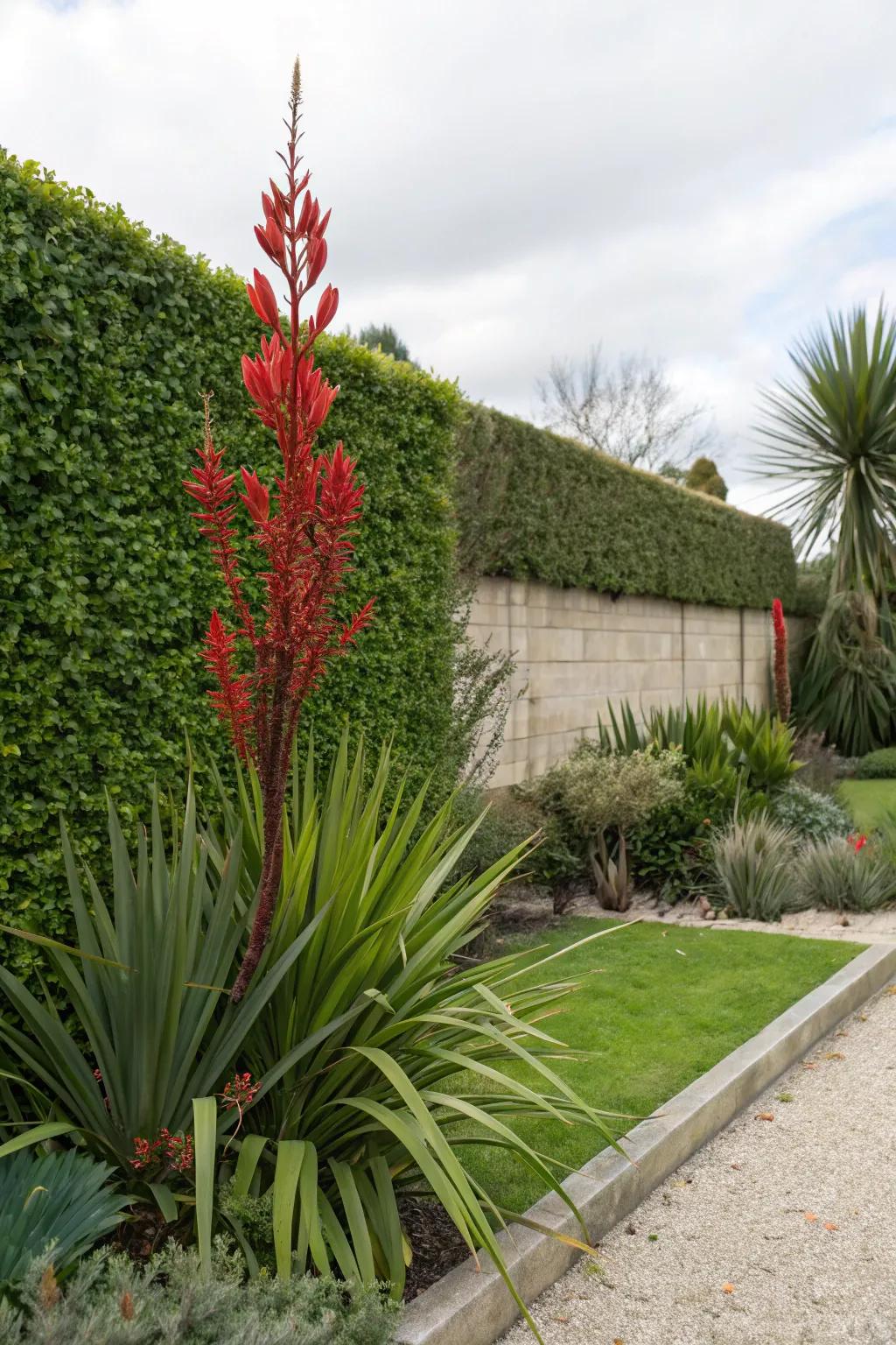 Create stunning contrasts in your garden with the vibrant spikes of red yucca.