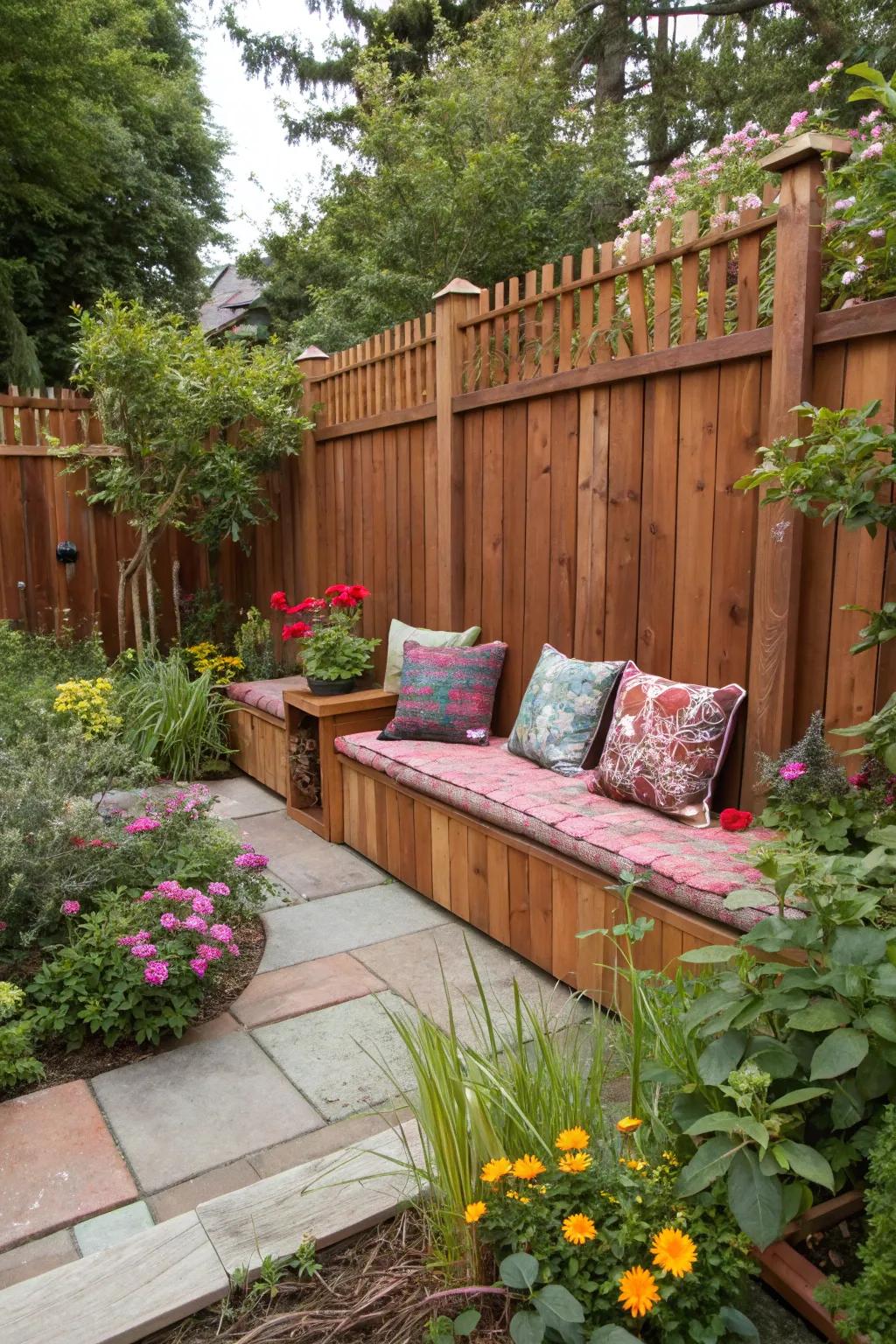 Integrated seating turns your redwood fence into a cozy garden nook