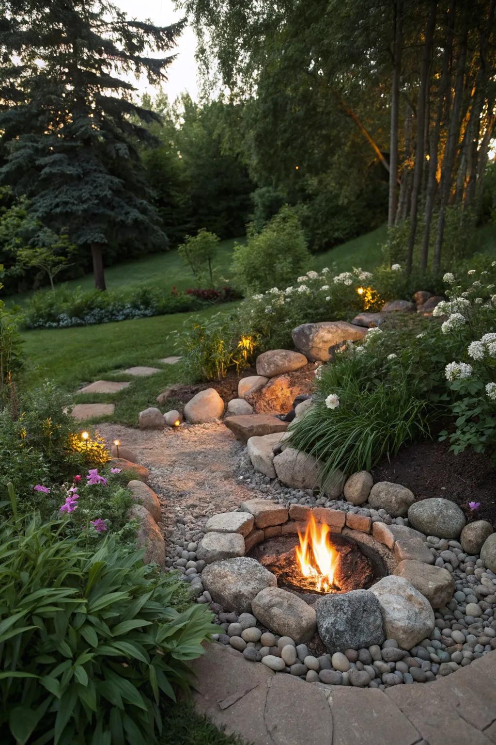 An in-ground fire pit offers a seamless look with the natural surroundings.