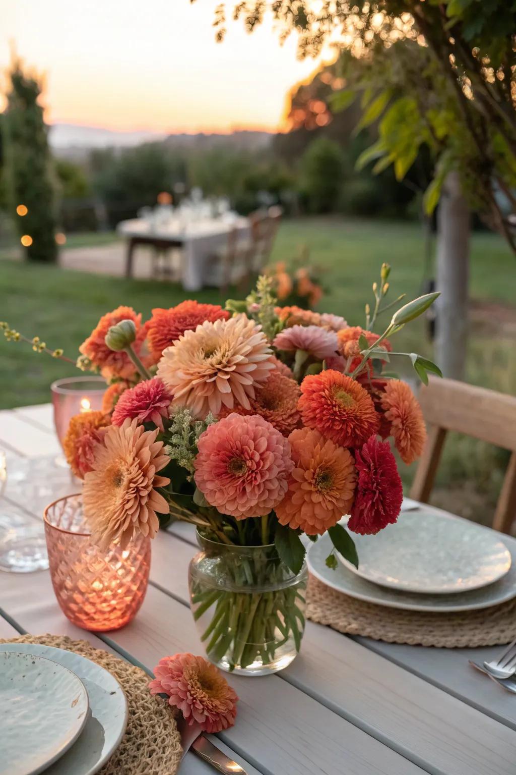 Warm sunset hues with coral and peach zinnias.