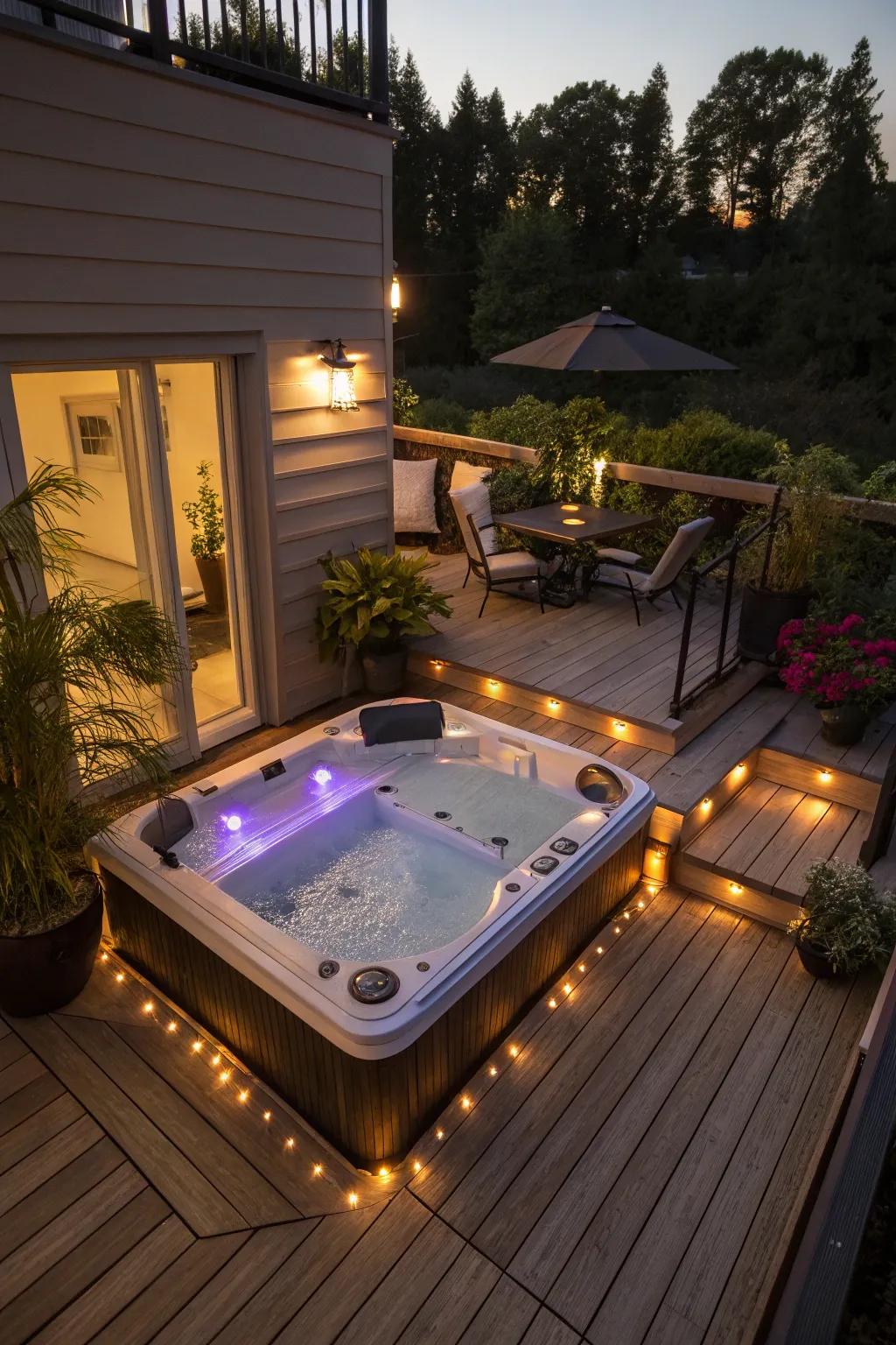 Indulge in relaxation with a sunken hot tub on your deck.