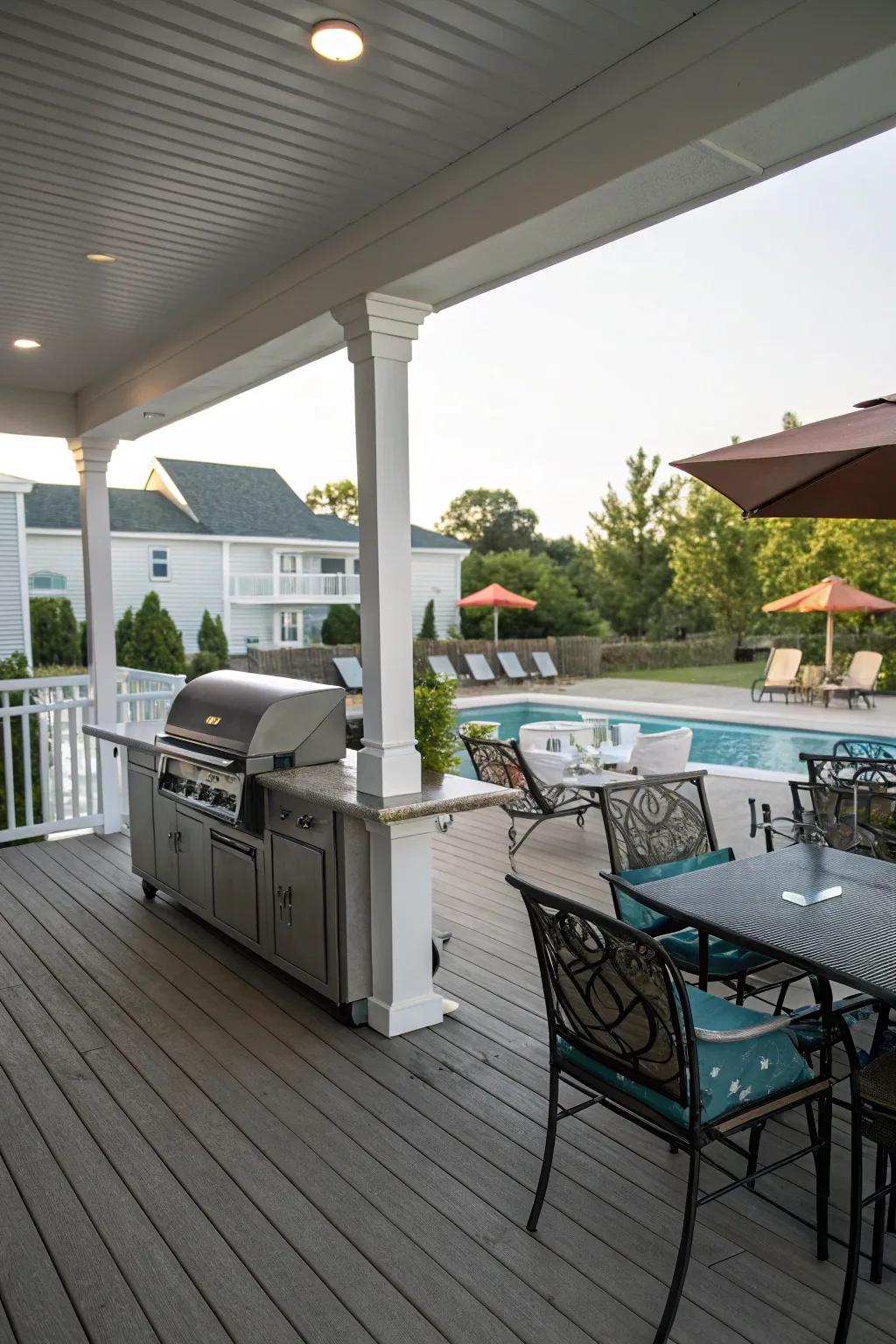 A multi-functional porch for grilling and relaxation.