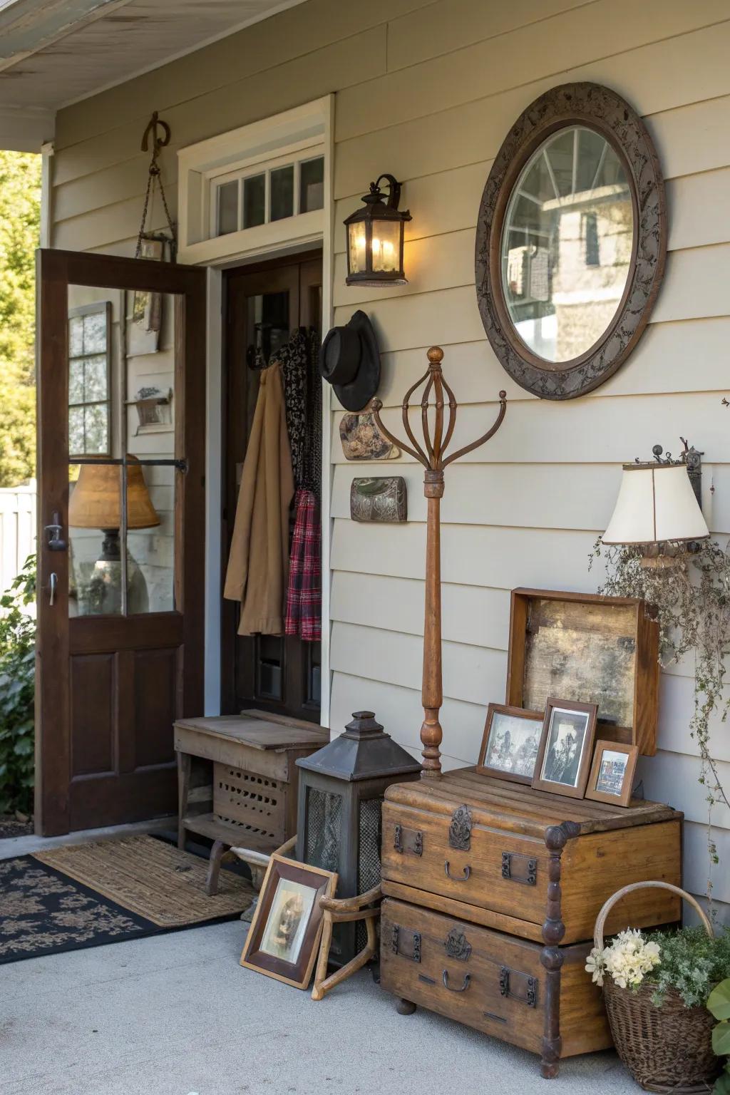 Vintage decor items adding unique character to a welcoming house entrance.