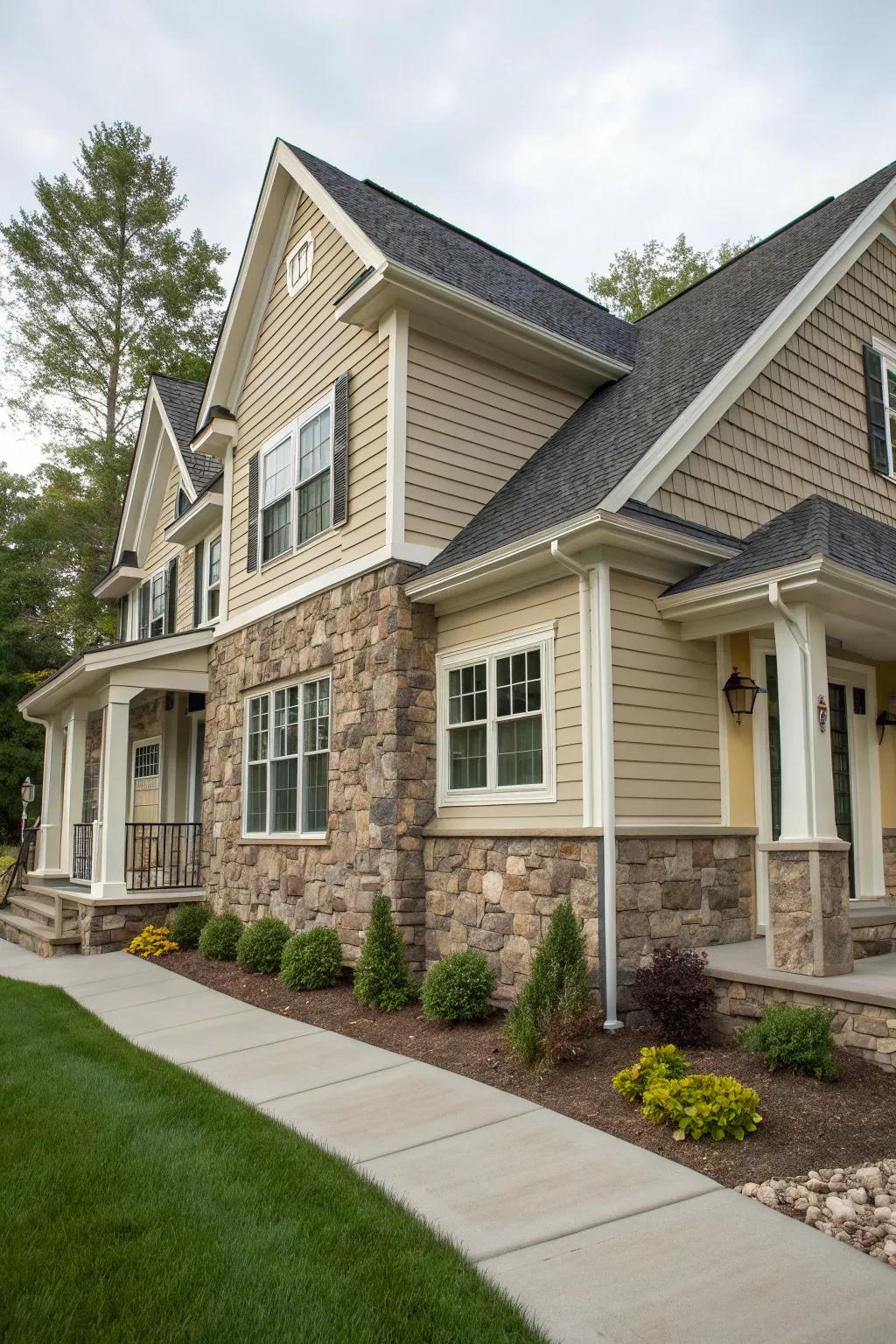 Stone accents beautifully complementing lap siding, creating a timeless exterior.