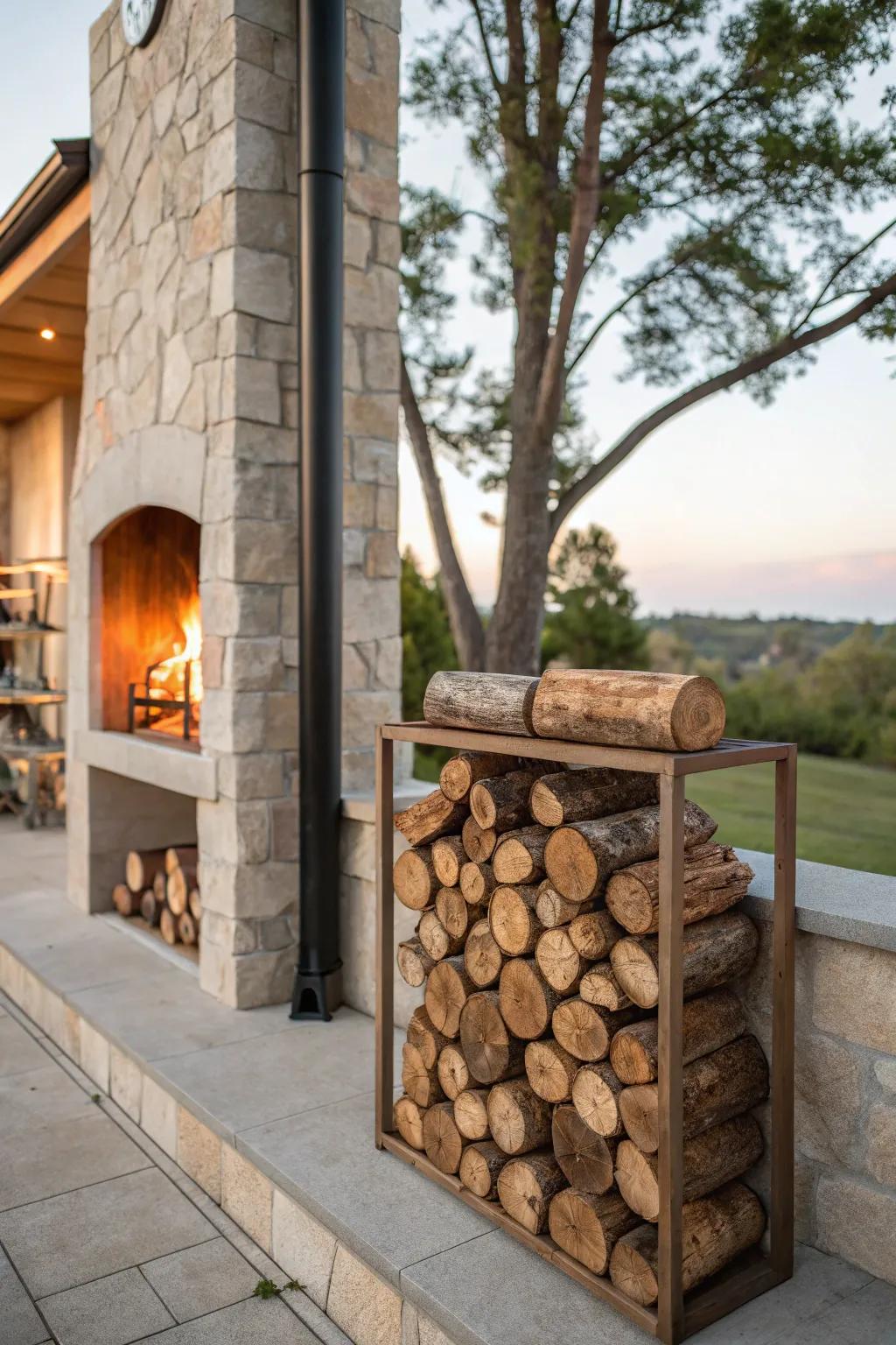 Maximize space with a wall-mounted firewood holder.