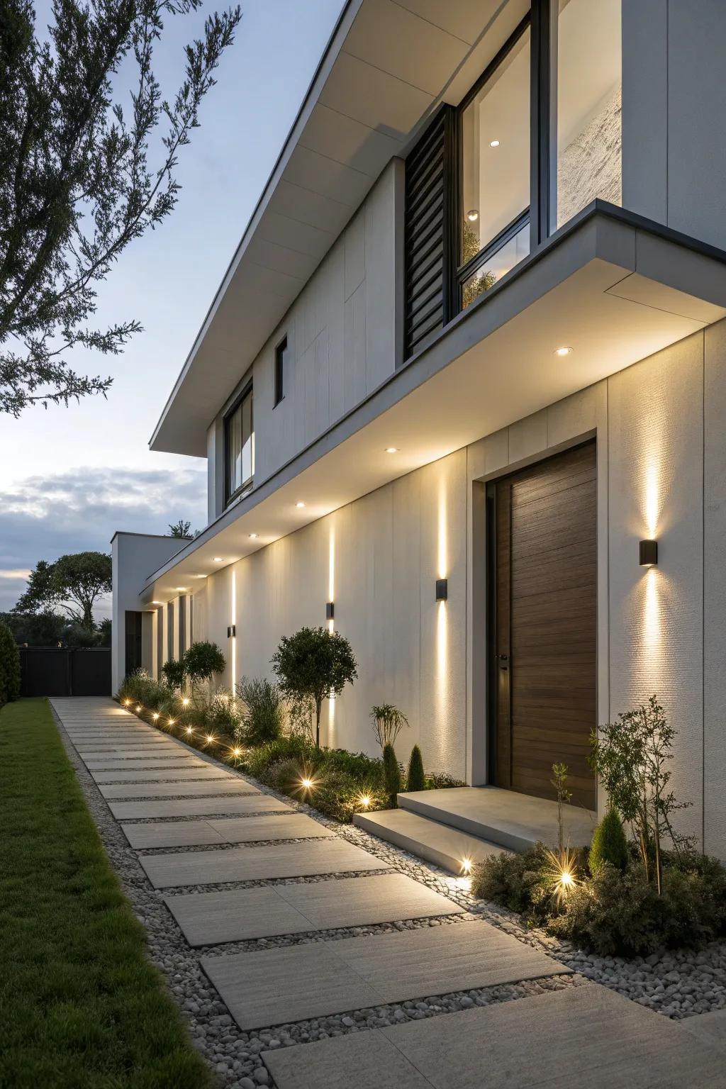 Linear wall lights adding sleek lines to a house front.