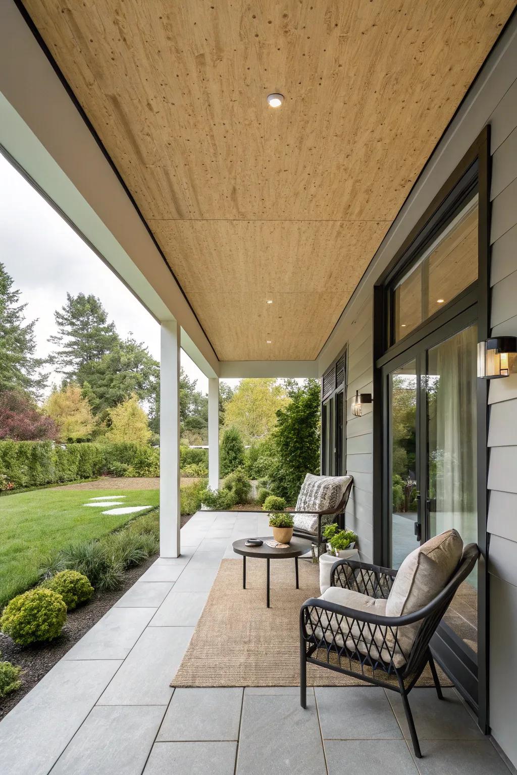 A minimalistic plywood ceiling complements a modern porch design.