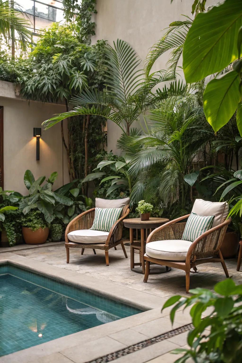 Greenery surrounds this poolside seating area, offering privacy and comfort.