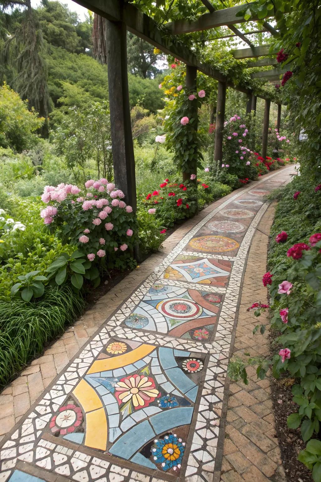 Colorful mosaic tiles turn a simple path into an eye-catching piece of art within the garden.