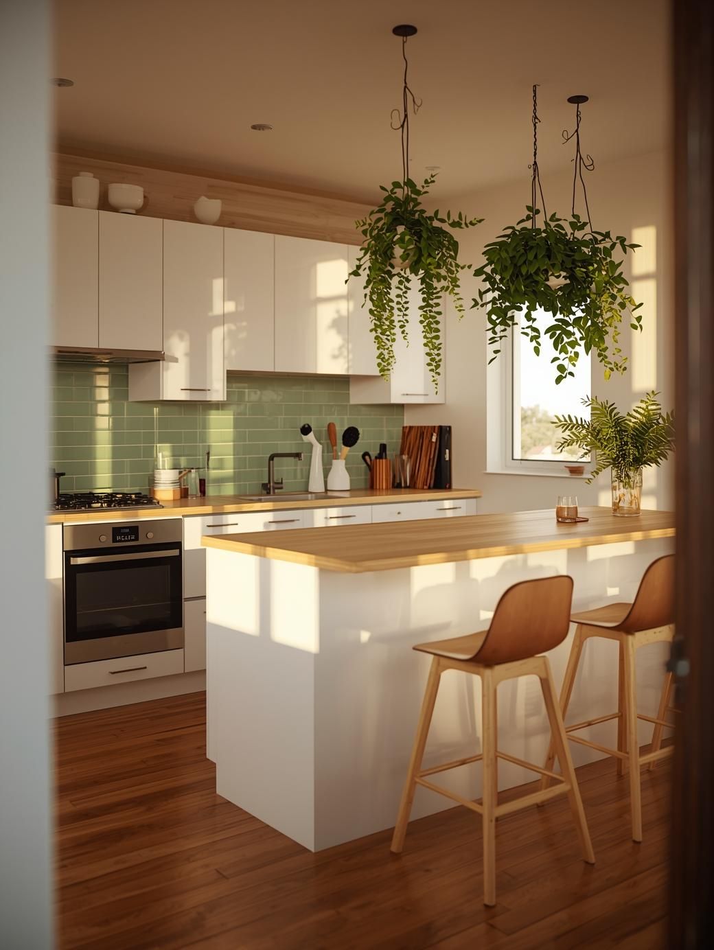 A cozy modern kitchen with white cabinets