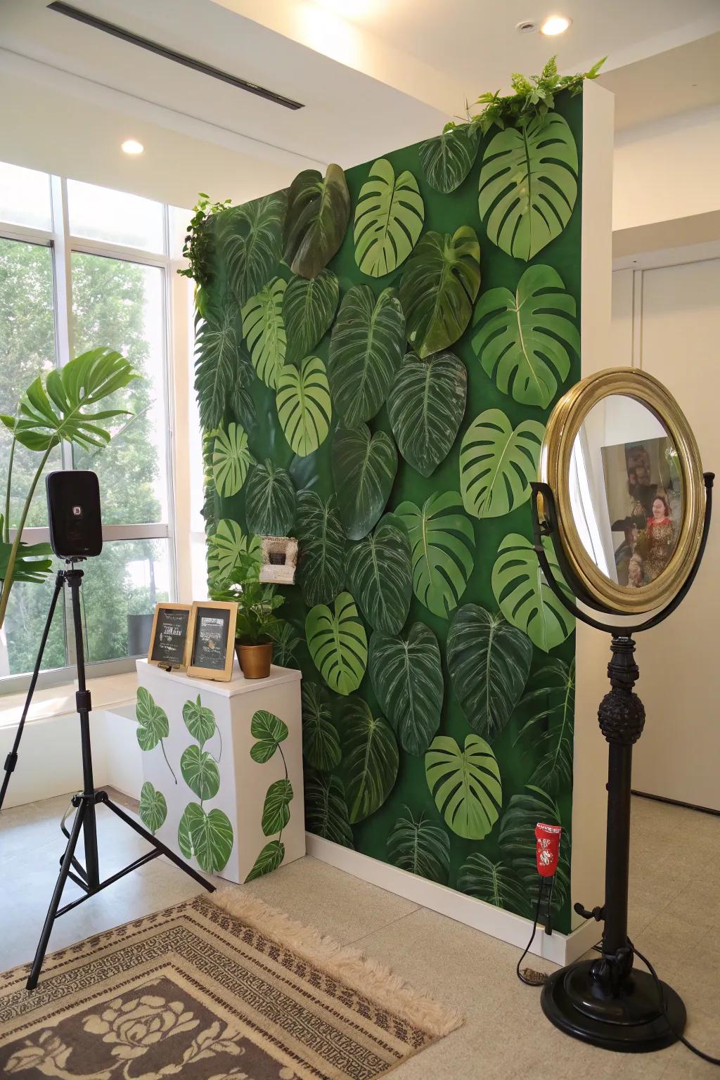 Split-leaf philodendron fronds building an amazing selfie spot backdrop.