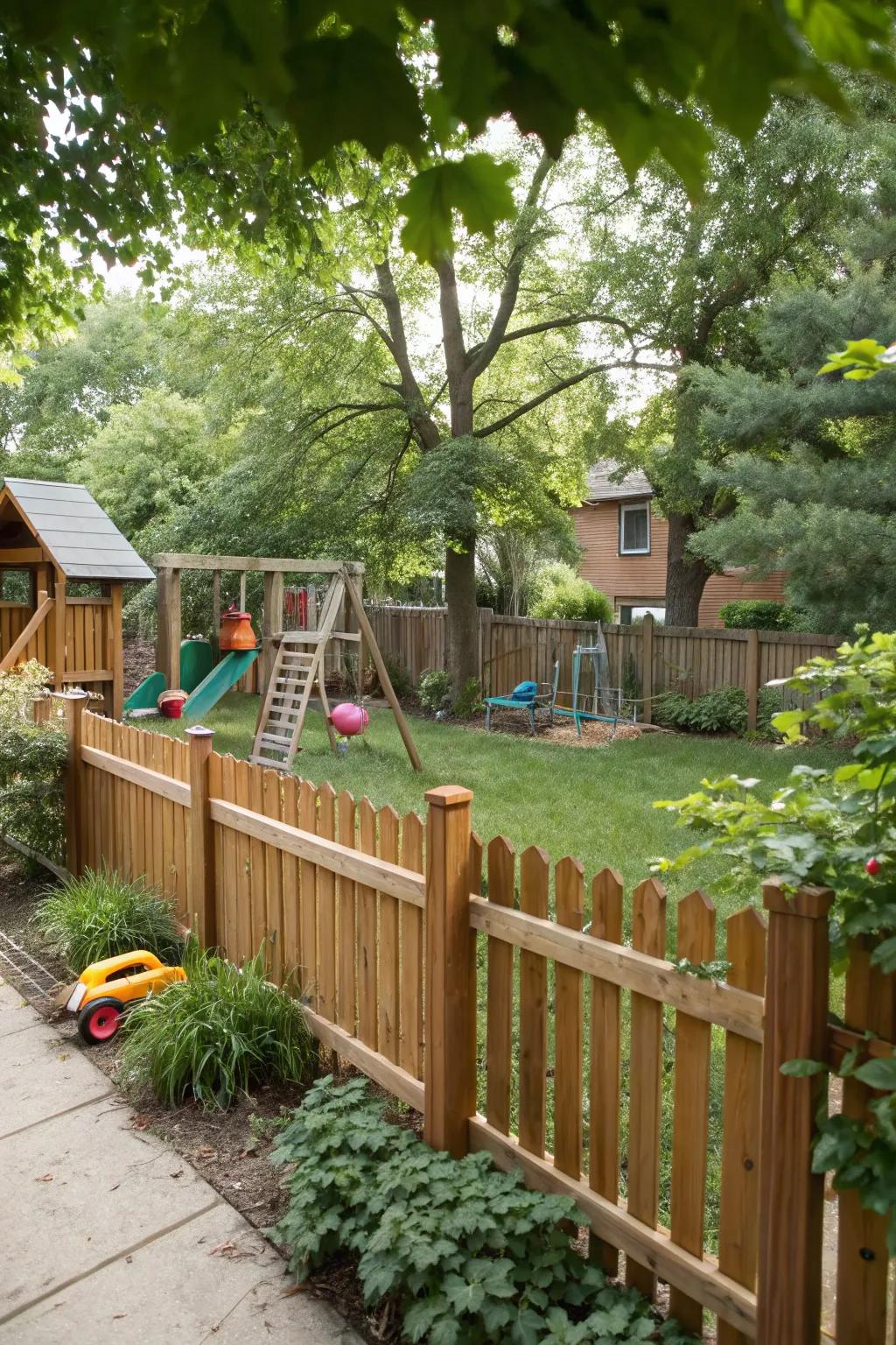 A wooden fence offers a natural and warm touch to any backyard playground.