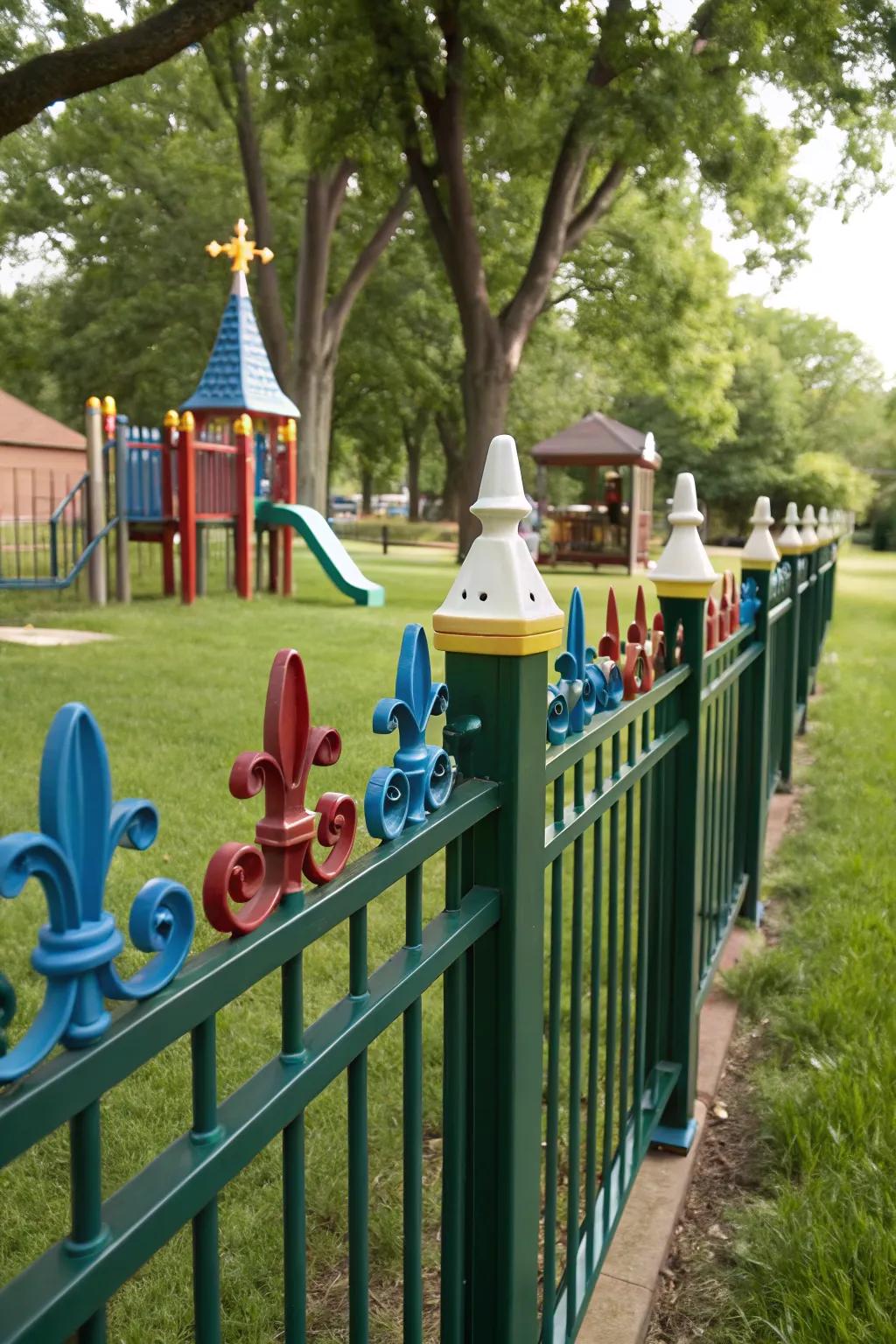 Decorative tops add charm and whimsy to playground fences.