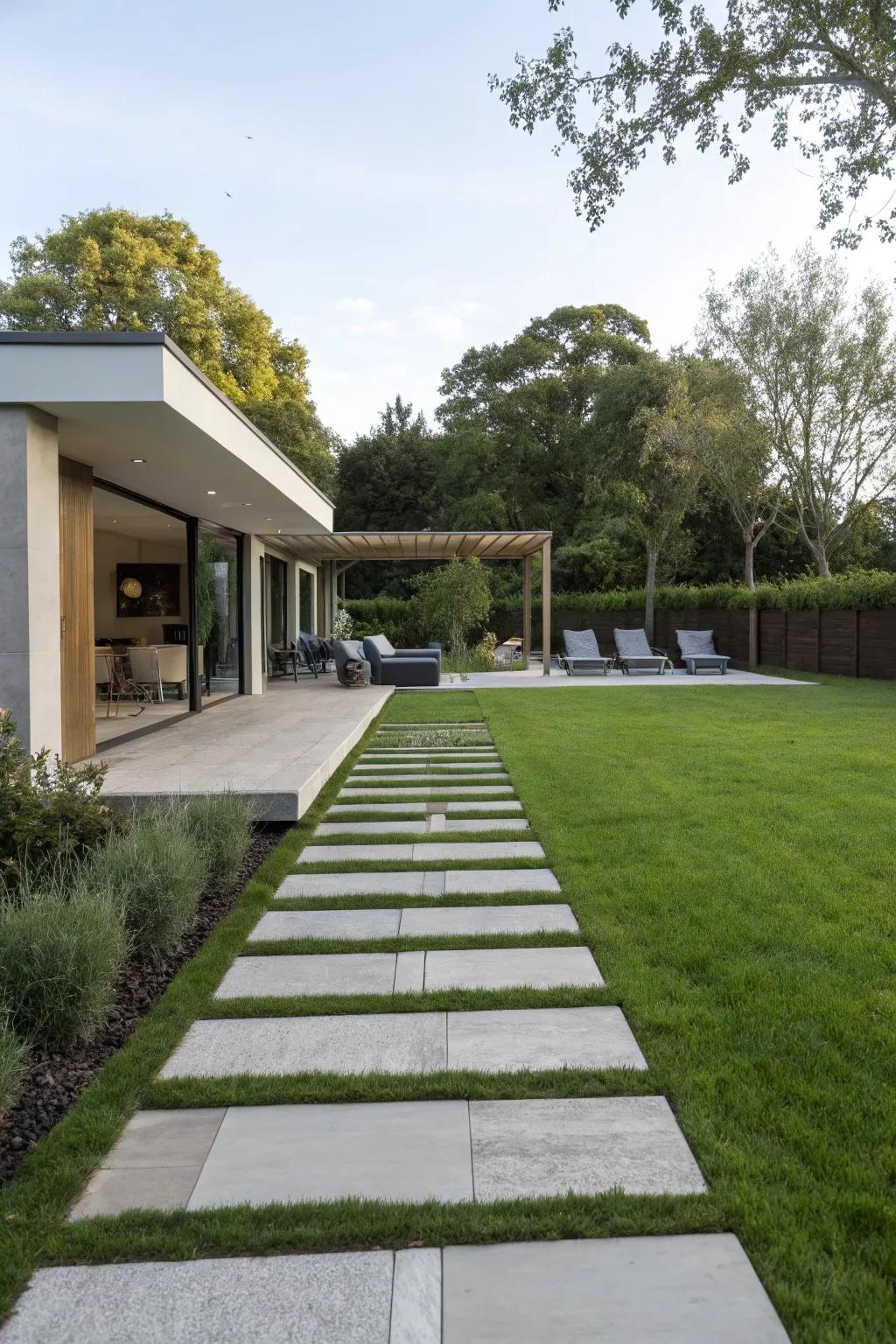 A sleek and modern stone path in a contemporary garden.