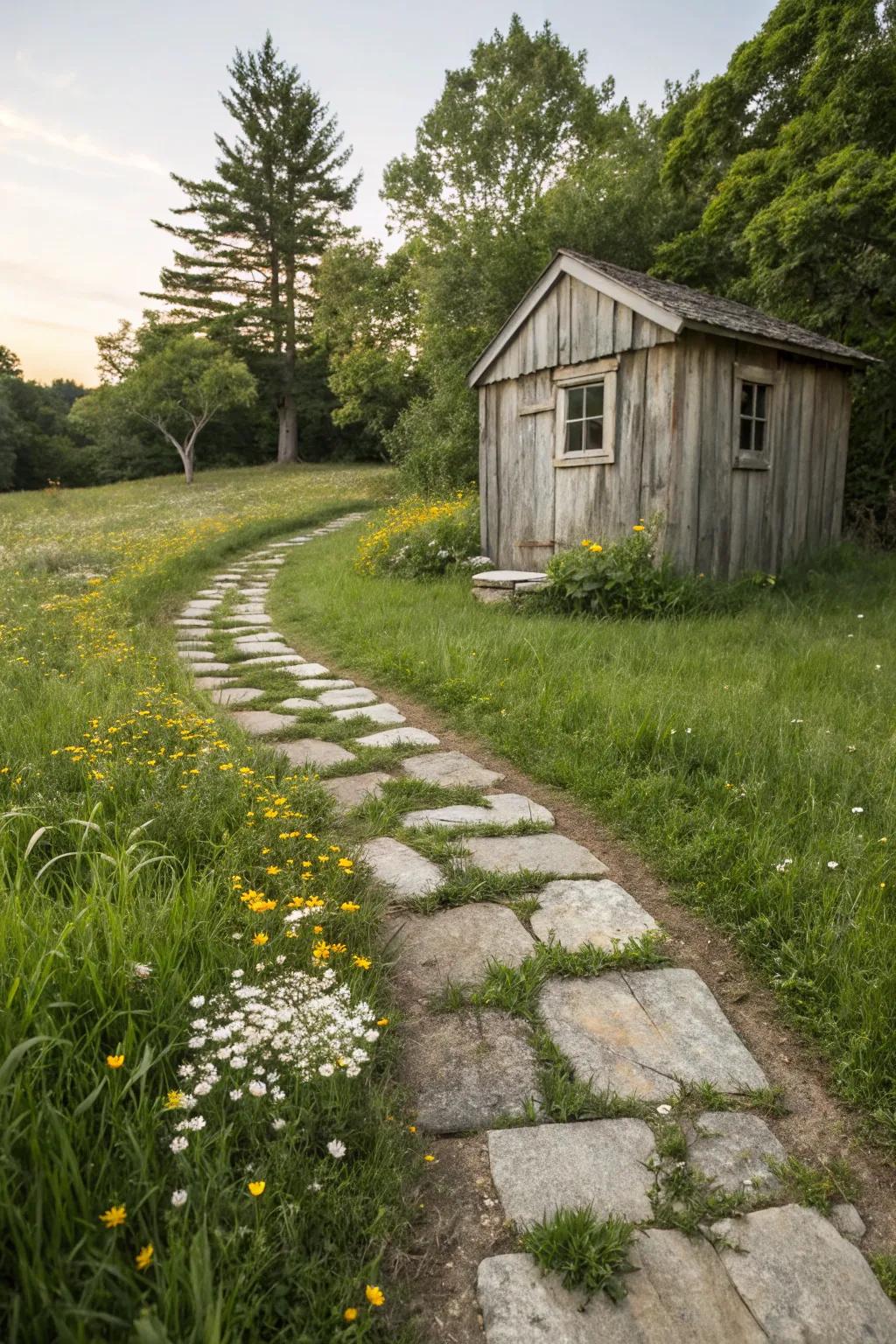 A rustic path leading to a garden shed.