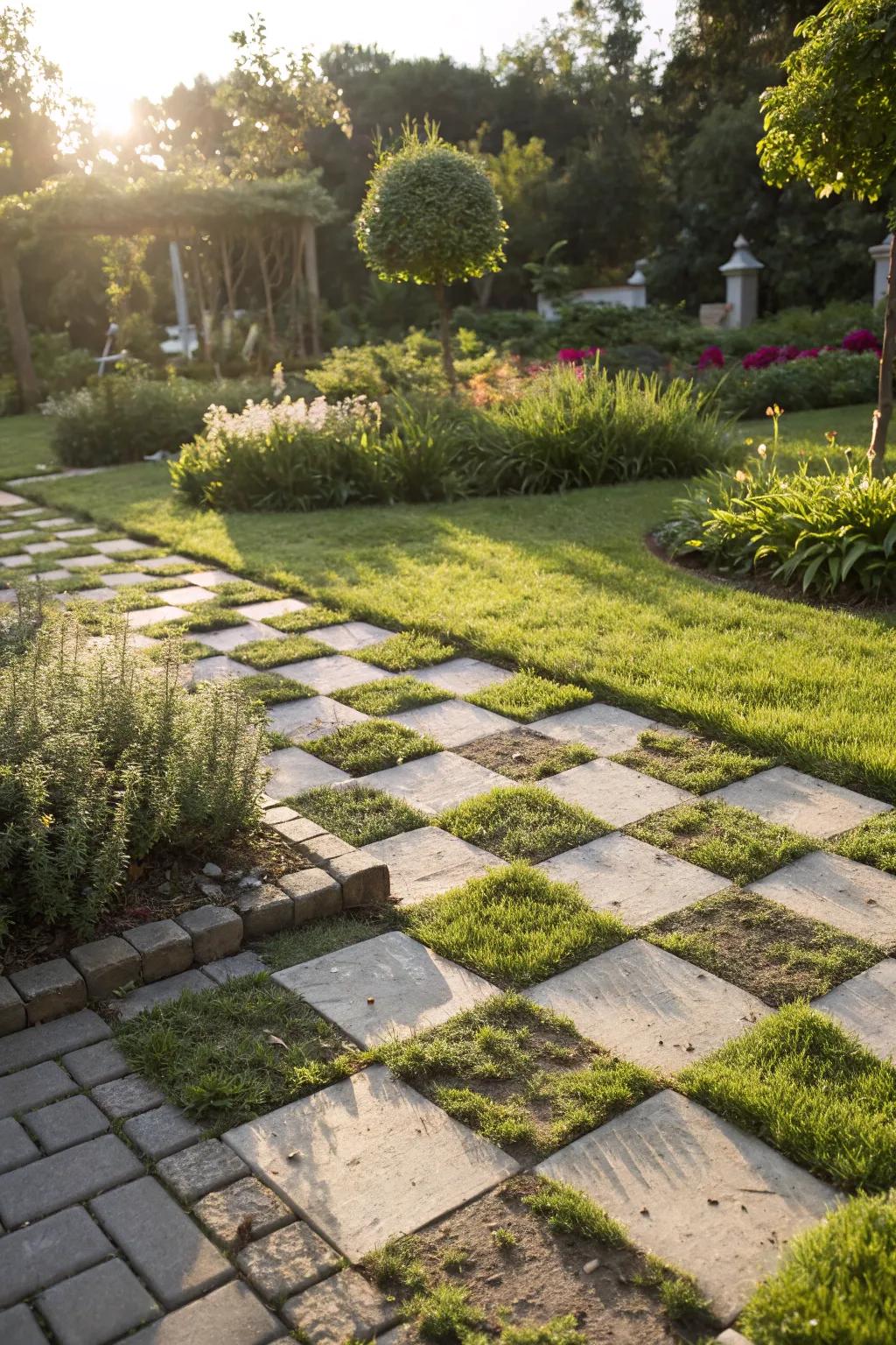 A playful checkerboard path in a garden.