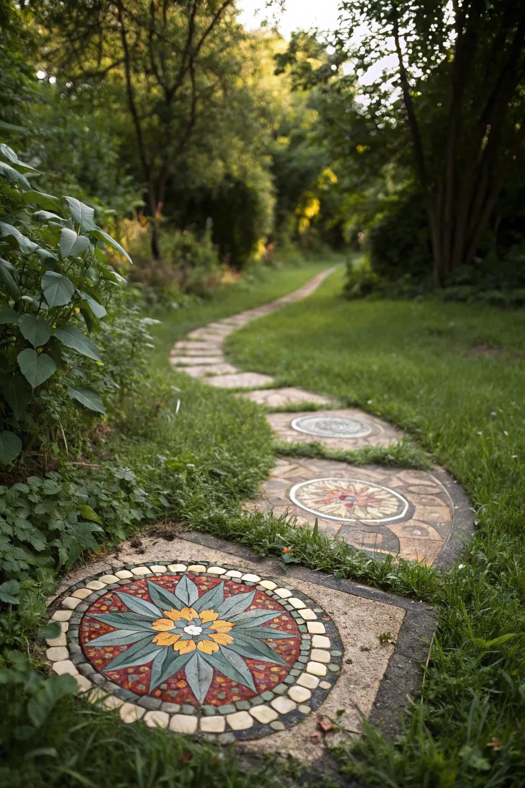 An artistic mosaic path in a garden.