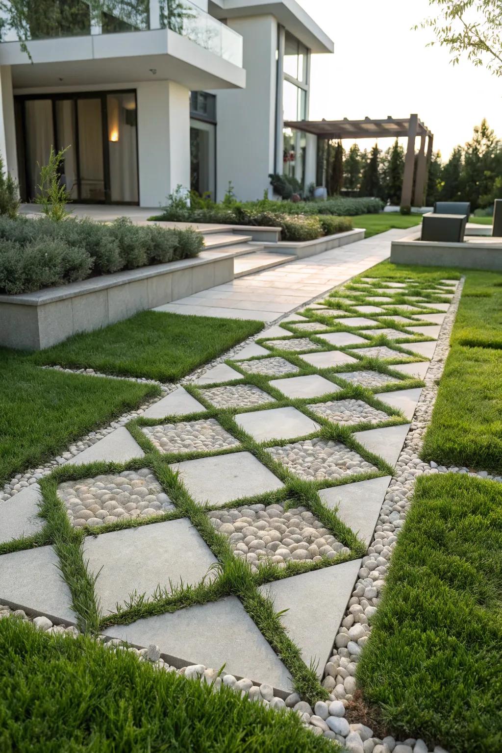 A modern geometric stone path in a grassy garden.