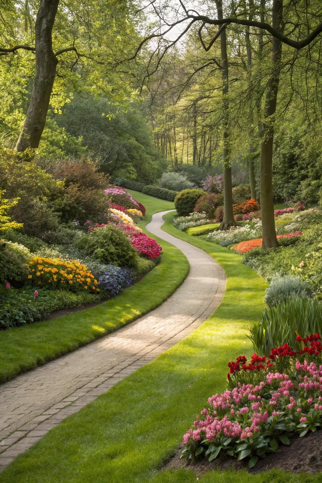 A winding path through a colorful garden.