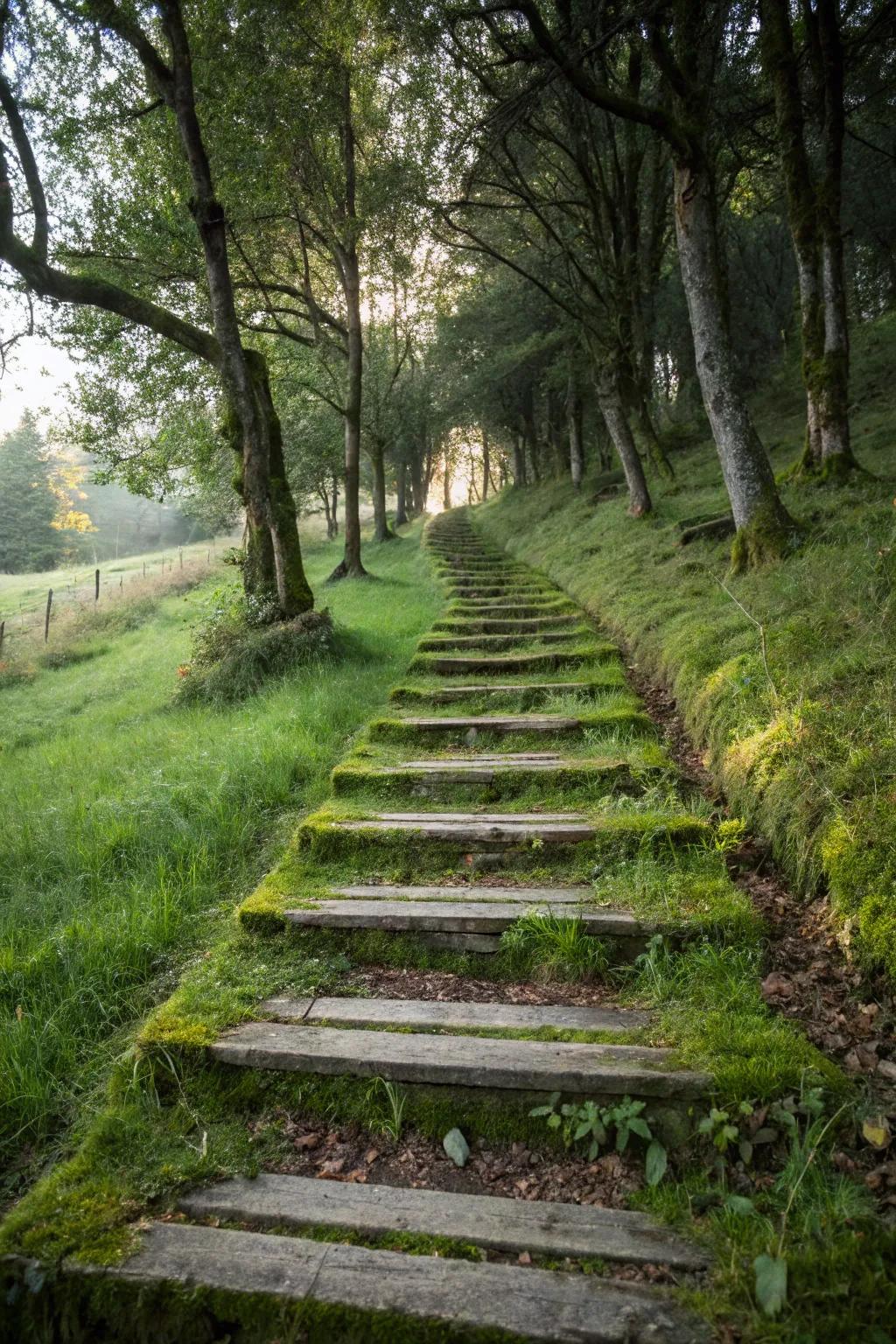 Wood accents along a garden path.