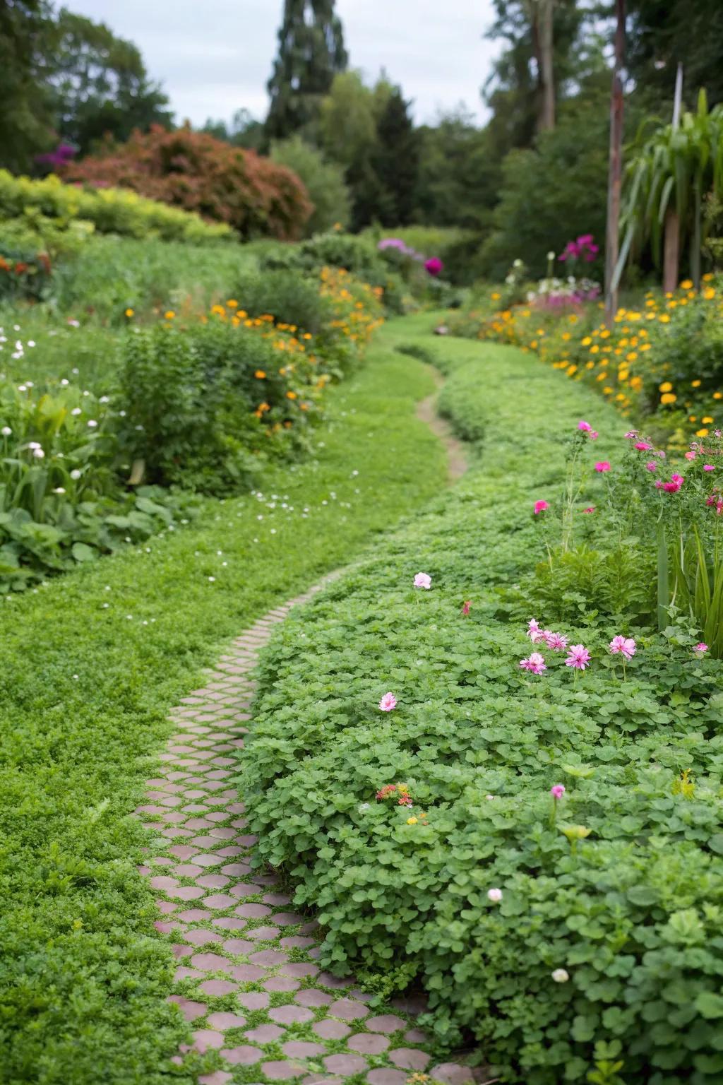 A lush clover pathway in a garden.