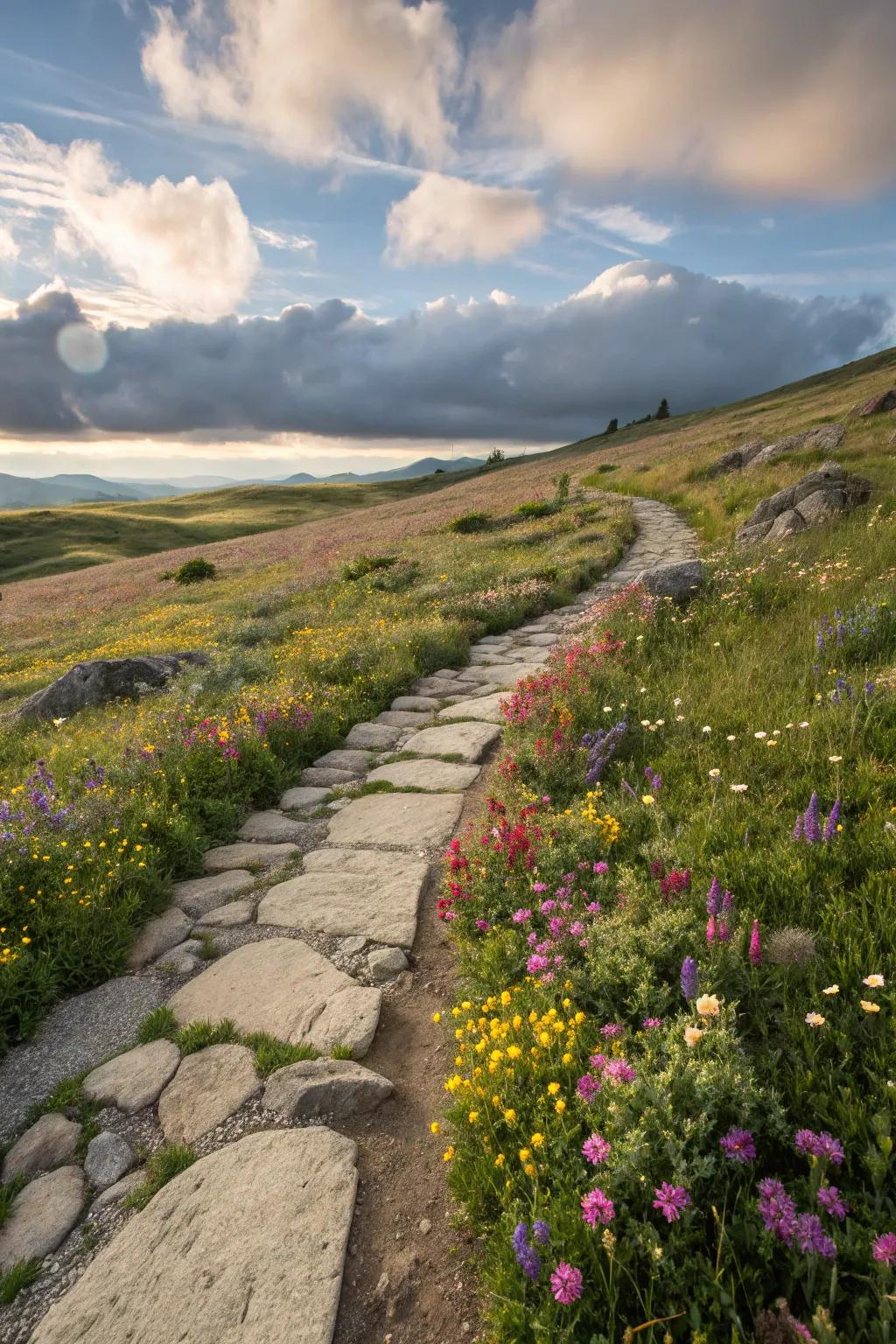 A rustic path with natural stones in a meadow.