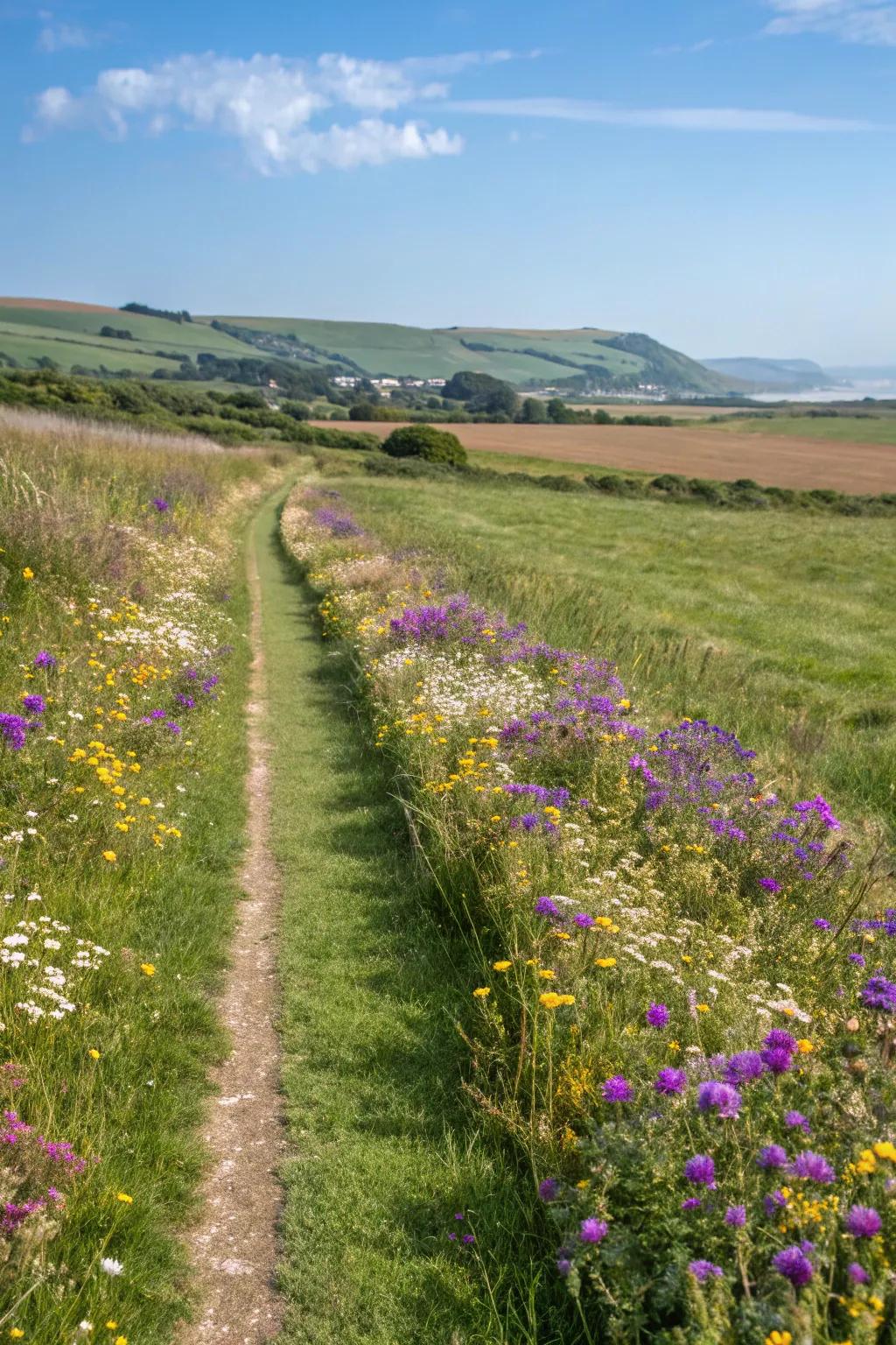 A whimsical path with wildflower borders.