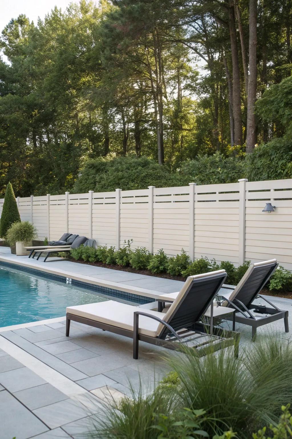 Horizontal vinyl fences create a stylish and safe boundary around pool areas.