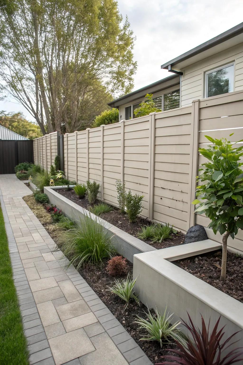 Textured vinyl fences add depth and character to modern garden spaces.