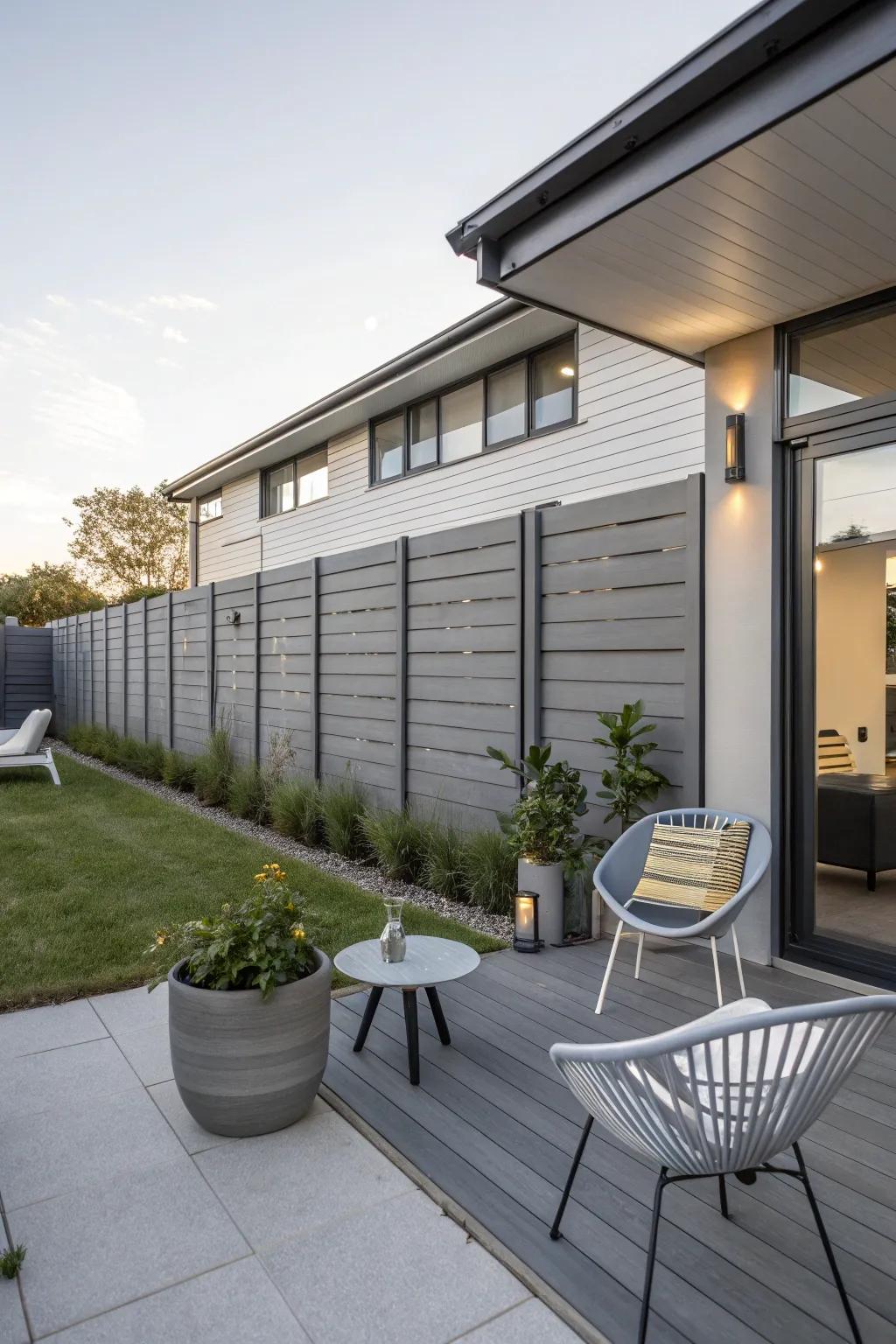 Grey horizontal vinyl fence adds modern sophistication to any patio area.