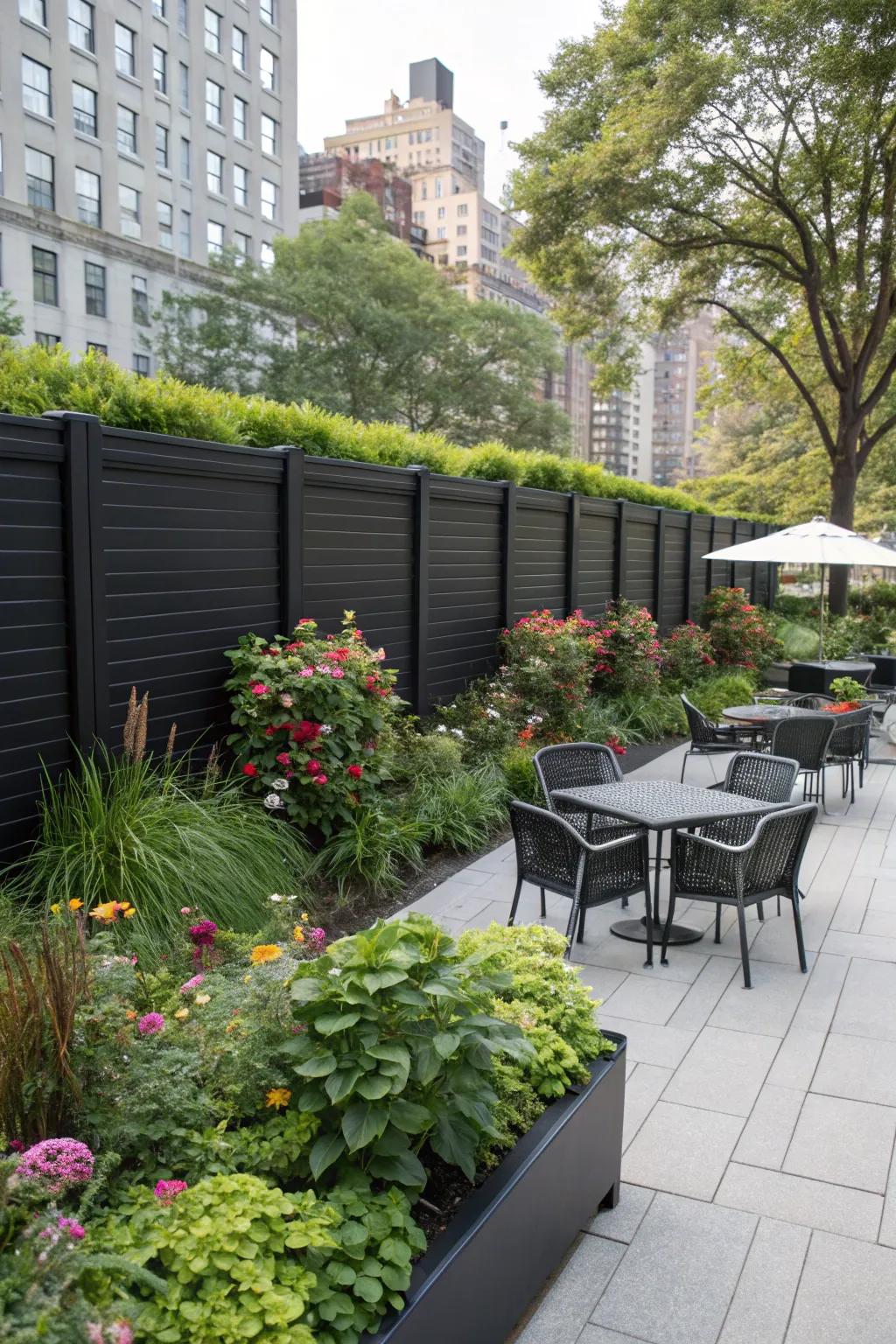 Black vinyl fences offer a striking contrast in urban garden settings.