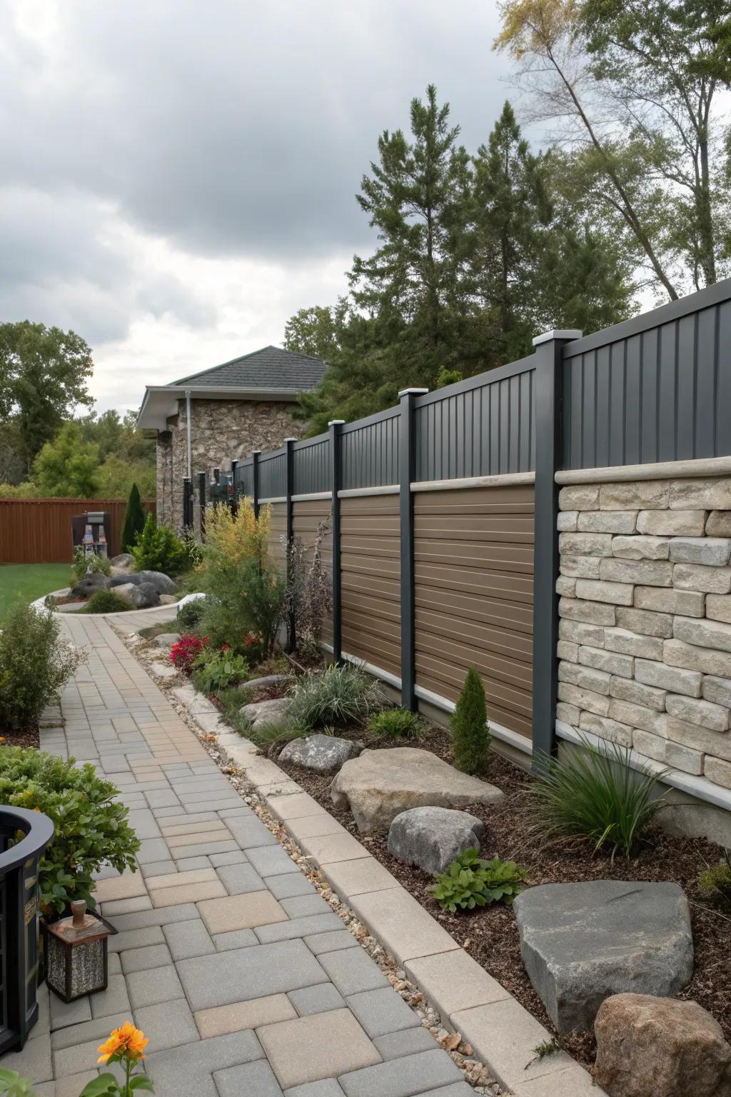 Mixing materials adds texture and contrast to horizontal vinyl fences.