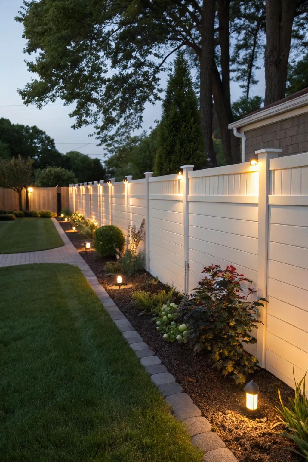 Integrated lighting brings horizontal vinyl fences to life at night.