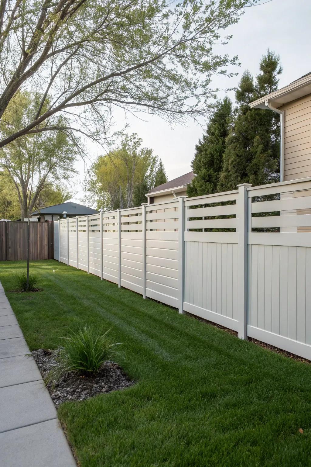 Floating panels create a light and airy illusion in horizontal vinyl fences.