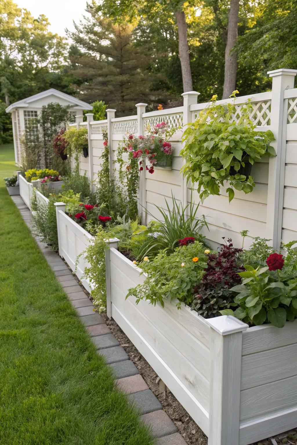 Integrated planter boxes bring greenery to horizontal vinyl fences.