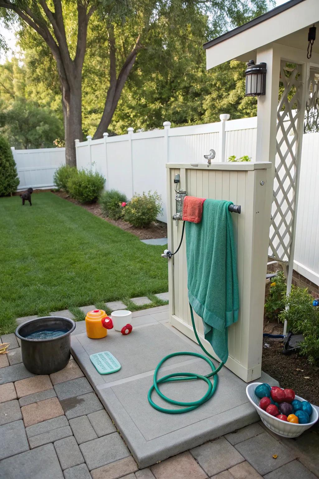 A cleaning station ensures a tidy transition from play to indoors.