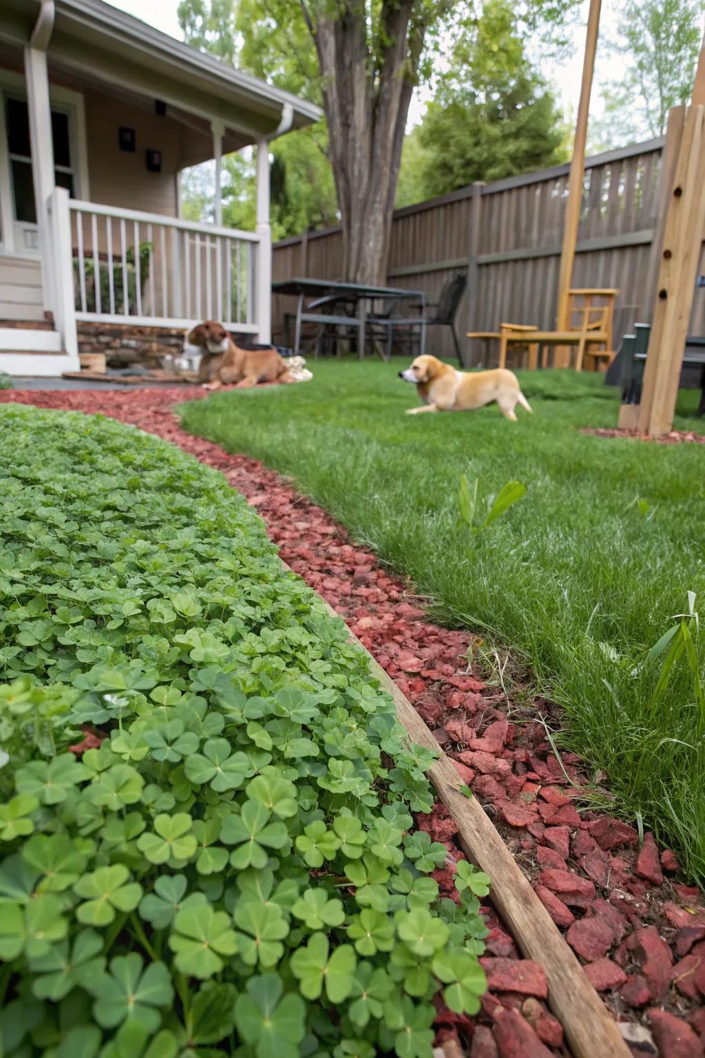 Ground covers like clover are gentle on paws and easy to maintain.
