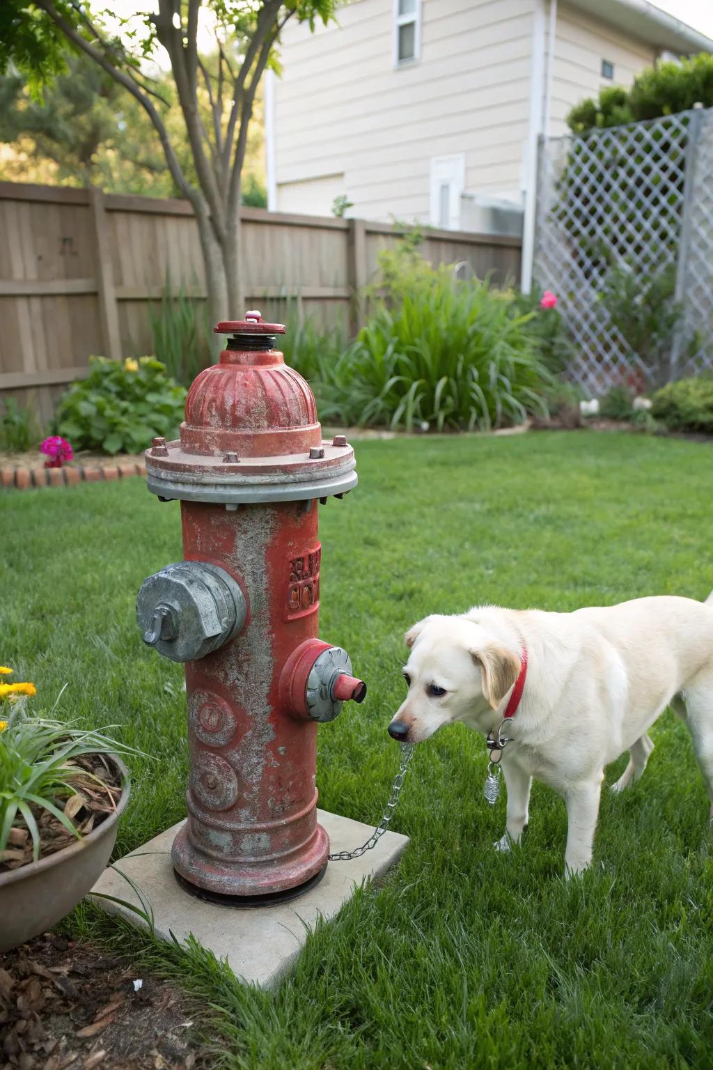 A DIY fire hydrant adds a humorous and personal touch to the backyard.