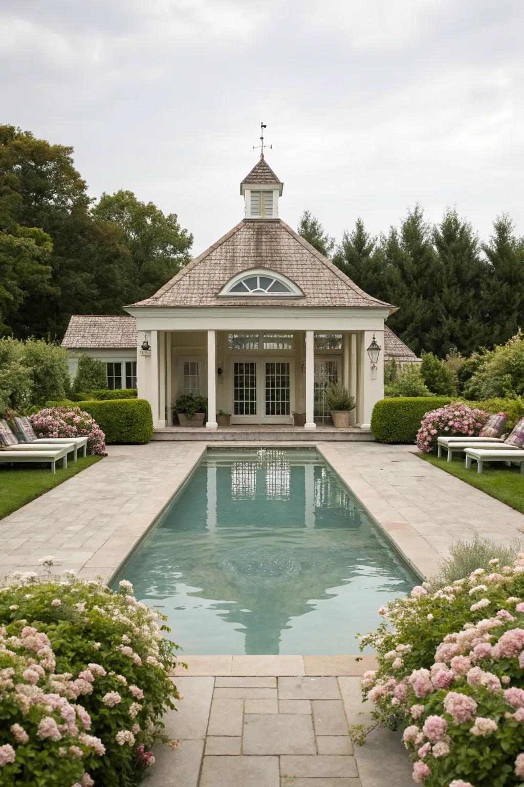 Classic elegance with a gabled roof pool enclosure.