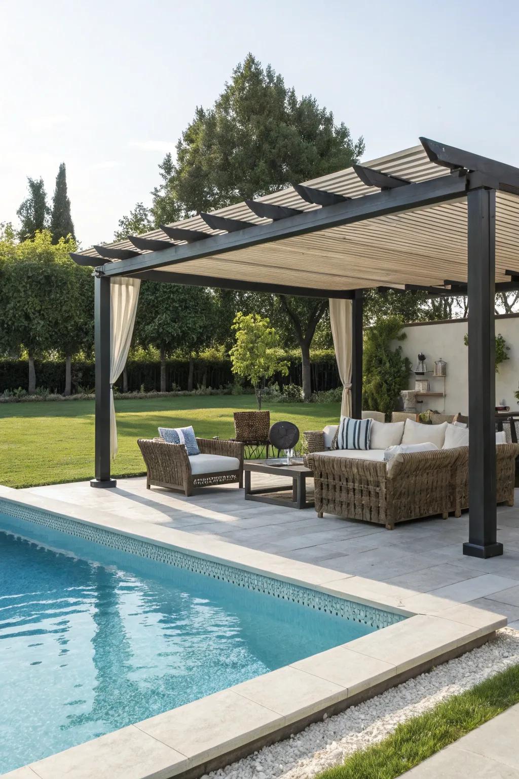 Enhance your pool with a pergola for style and comfort.