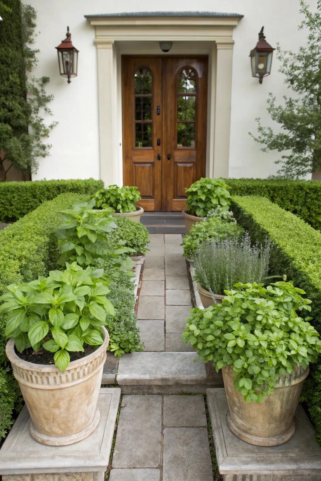Symmetrical herb displays add a polished and balanced look.