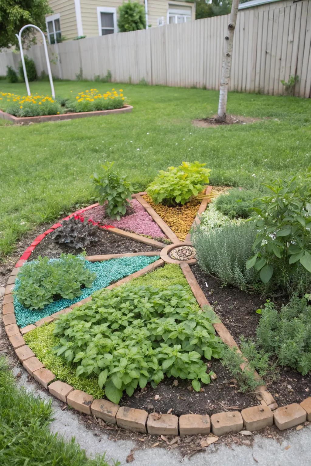 Herb wheels add a playful and organized touch to garden design.