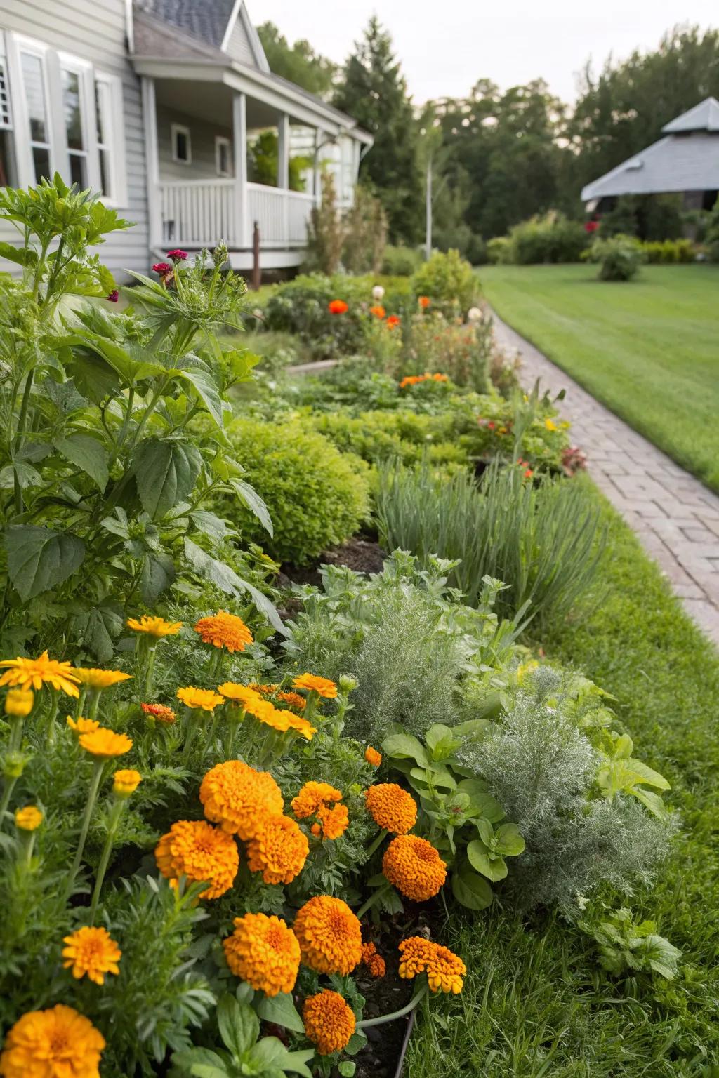Herb and flower combinations create vibrant and aromatic garden displays.